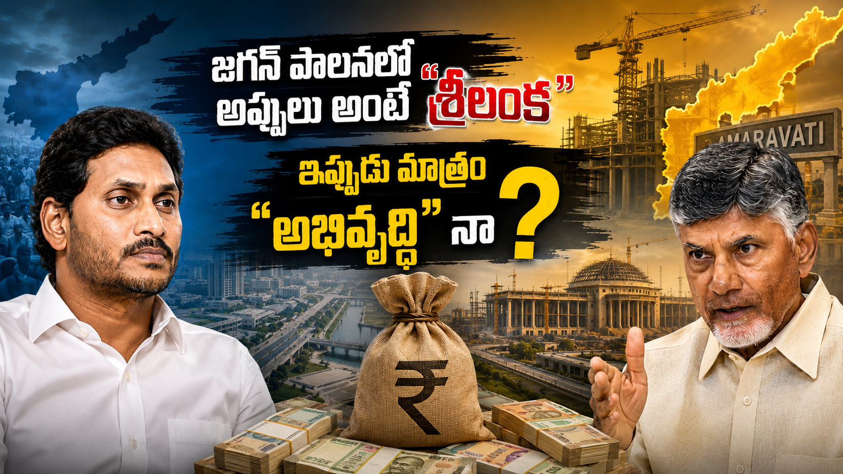 అమరావతి నిర్మాణ ఖర్చులు, భారీ అప్పులు, జగన్ మరియు చంద్రబాబు మధ్య రాజకీయ పోలికను చూపిస్తున్న ఫీచర్డ్ ఇమేజ్