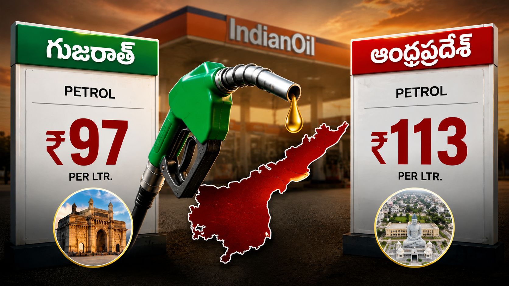 గుజరాత్‌తో పోలిస్తే ఆంధ్రప్రదేశ్‌లో పెట్రోల్ ధరలు అధికంగా ఉన్నాయని చూపిస్తున్న రాజకీయ వార్త థంబ్‌నెయిల్