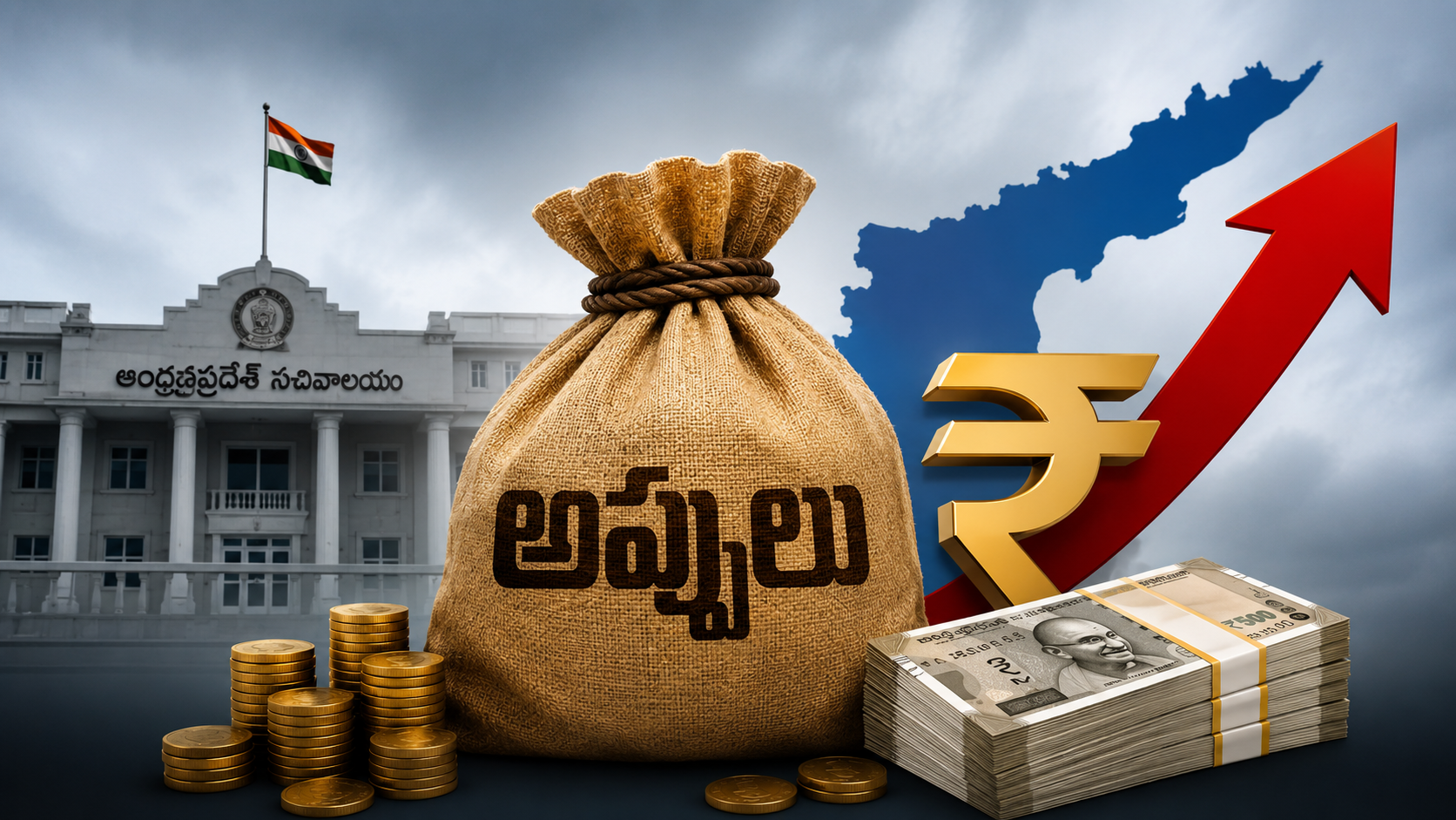 AP Government Loans worth Rs 3.40 lakh crores highlighted with debt bag and Andhra Pradesh government visuals