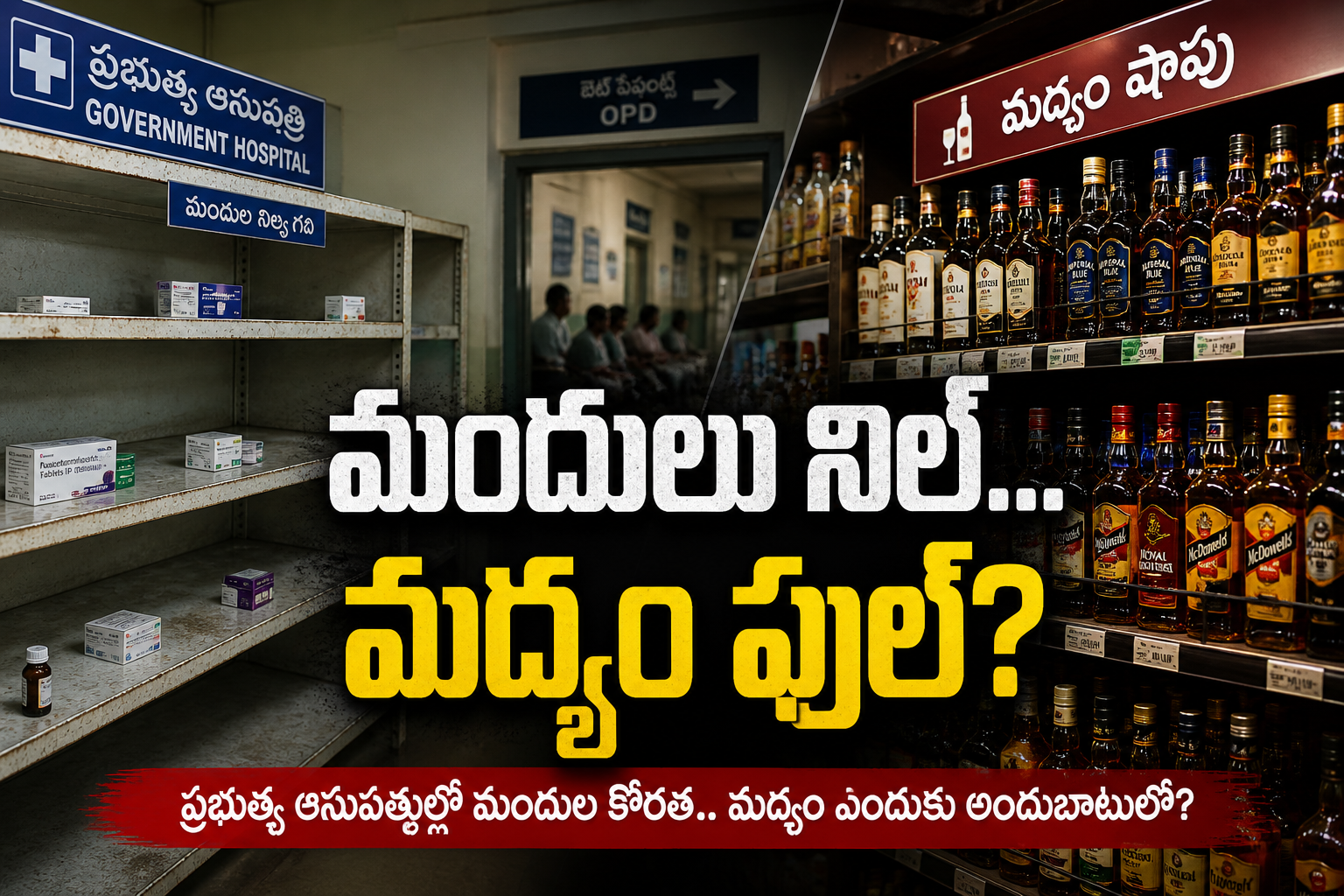 Andhra Pradesh government hospital empty medicine shelves compared with liquor shop full bottles highlighting medicine shortage crisis