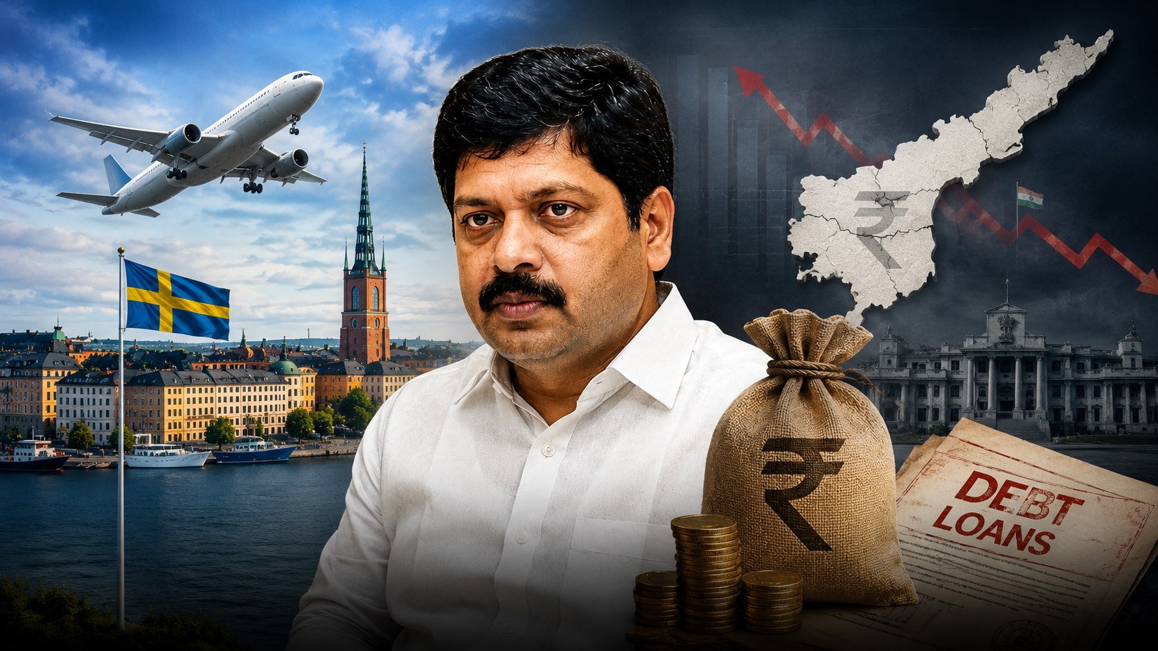 మంత్రి కొల్లు రవీంద్ర స్వీడన్ పర్యటన నేపథ్యంలో ఆంధ్రప్రదేశ్ అప్పులు మరియు విదేశీ టూర్లపై రాజకీయ చర్చను చూపిస్తున్న ఫీచర్డ్ ఇమేజ్