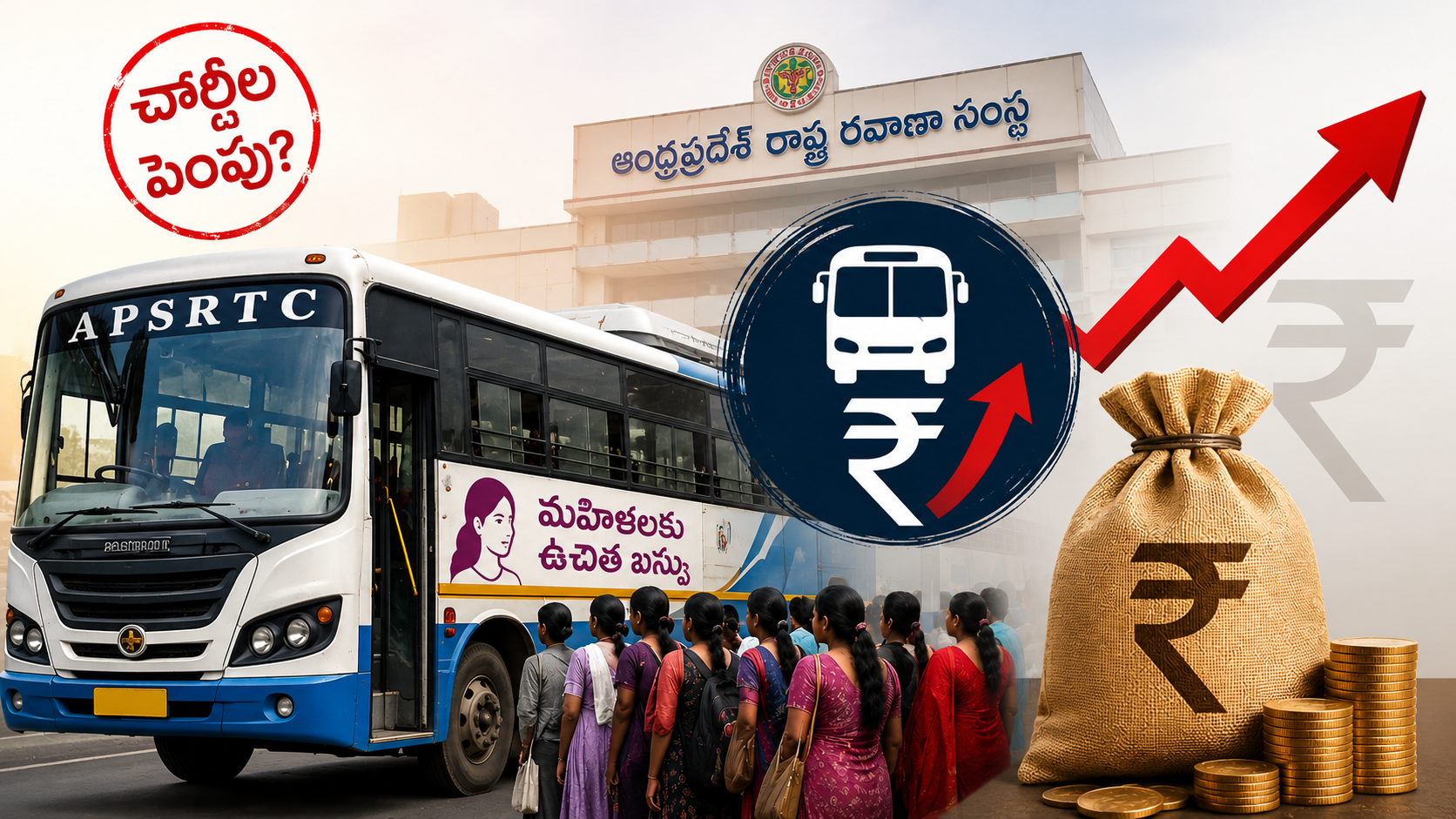 ఆర్టీసీ చార్జీల పెంపు వల్ల ప్రజలపై రూ.300 కోట్ల అదనపు భారం పడనున్న నేపథ్యంలో APSRTC బస్సు మరియు పెరుగుతున్న ఖర్చులను సూచించే చిత్రం