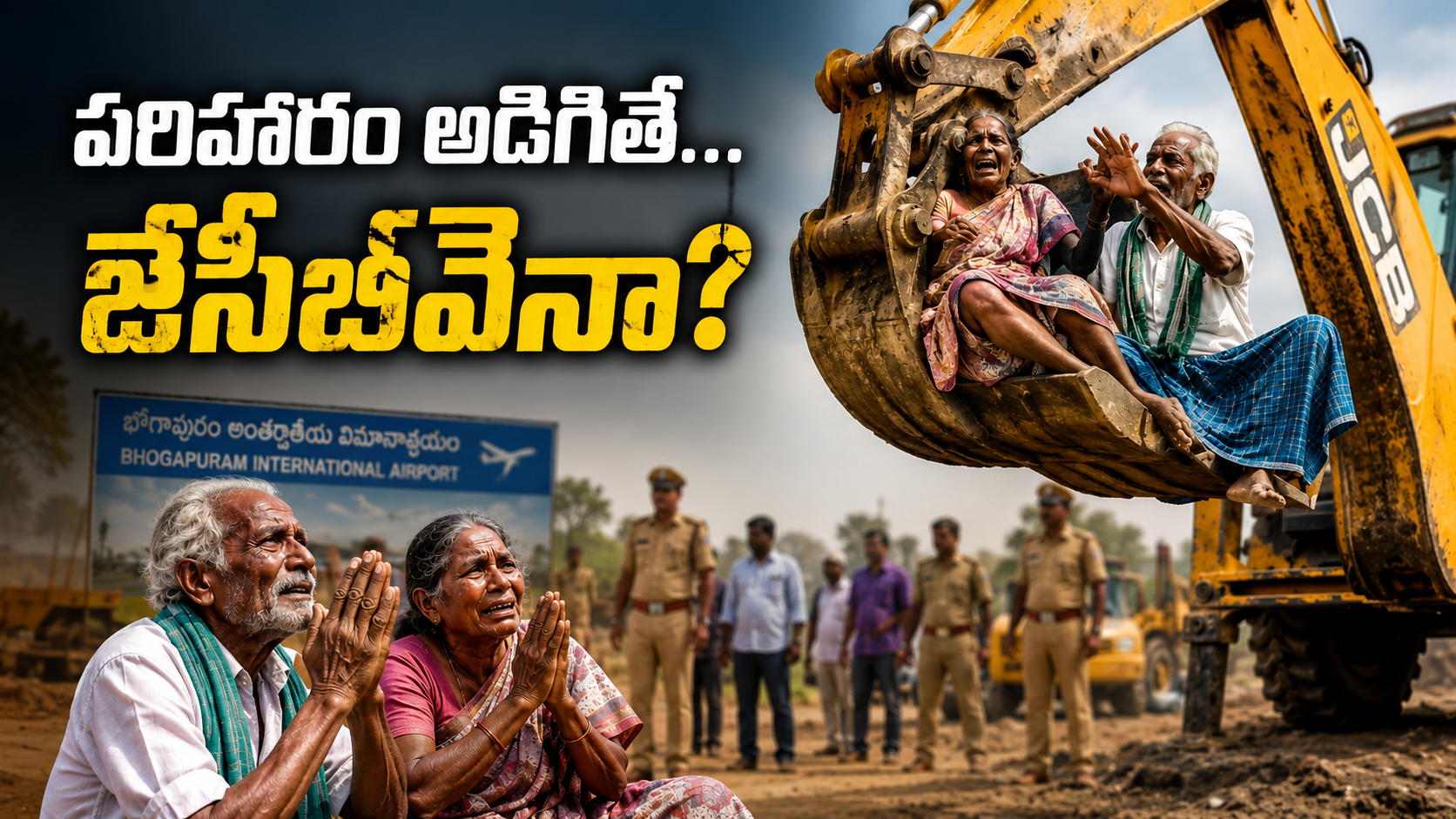 భోగాపురం ఎయిర్‌పోర్ట్ భూముల స్వాధీనంపై పరిహారం కోరుతున్న రైతులను జేసీబీ వద్ద నిరసన వ్యక్తం చేస్తున్న దృశ్యం