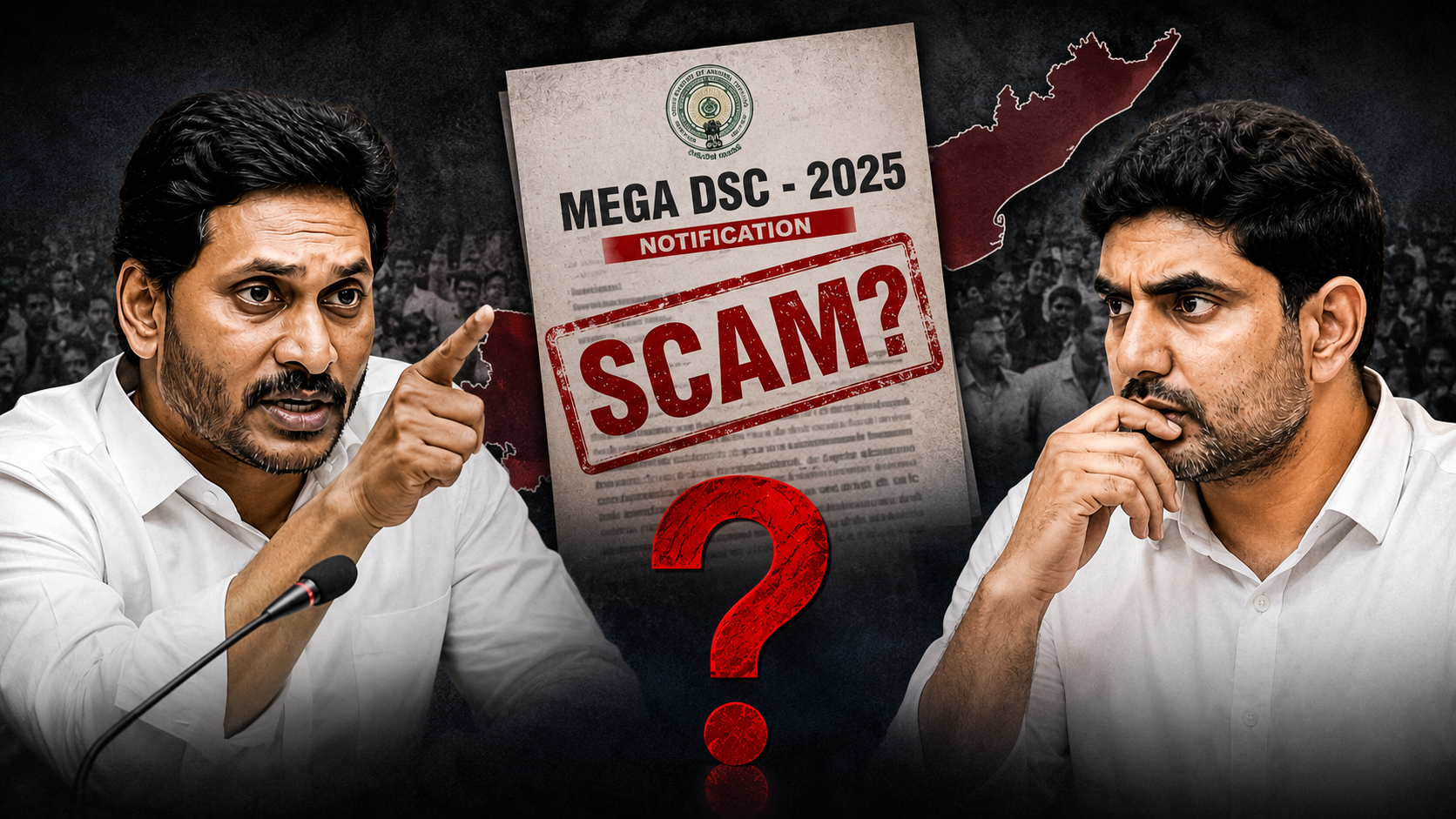మెగా డీఎస్సీ స్కామ్ ఆరోపణలపై లోకేష్‌ను ప్రశ్నిస్తున్న రాజకీయ పోస్టర్