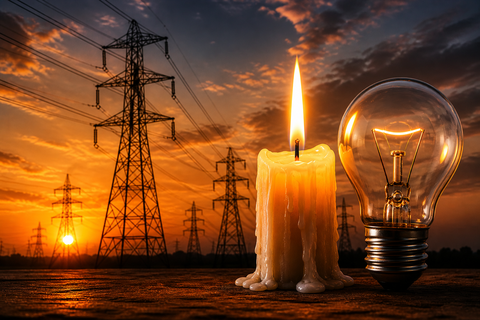 Power cuts in Andhra Pradesh showing candle and bulb with electricity towers