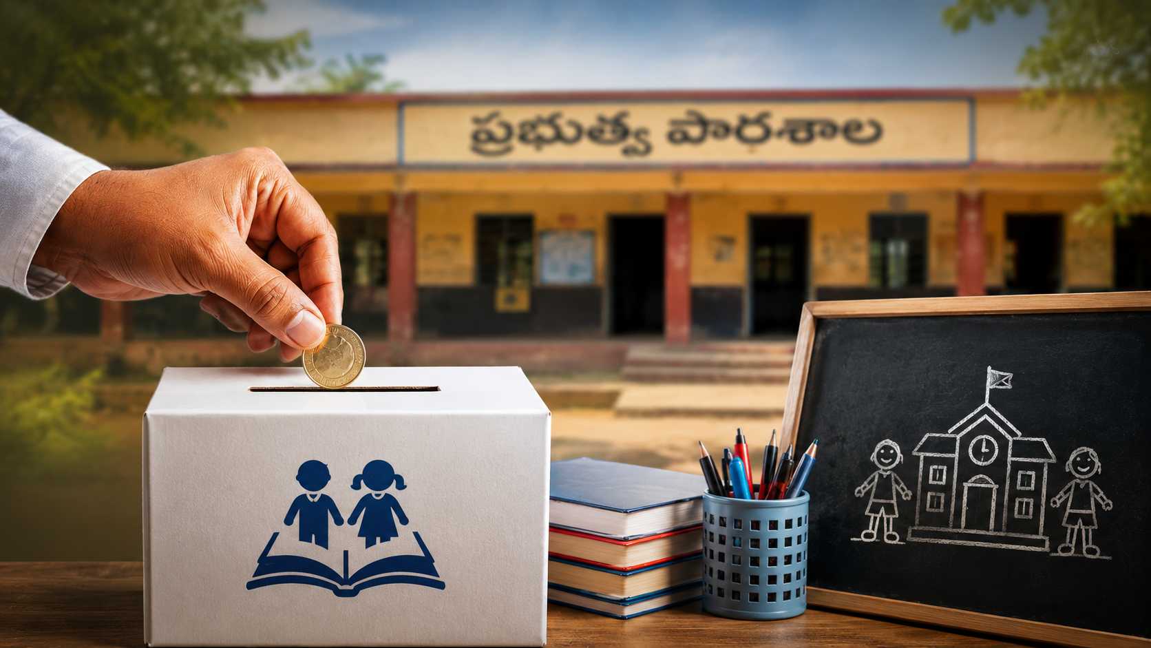 ప్రభుత్వ పాఠశాలల నిర్వహణ కోసం విరాళాలు సేకరిస్తున్న దృశ్యం