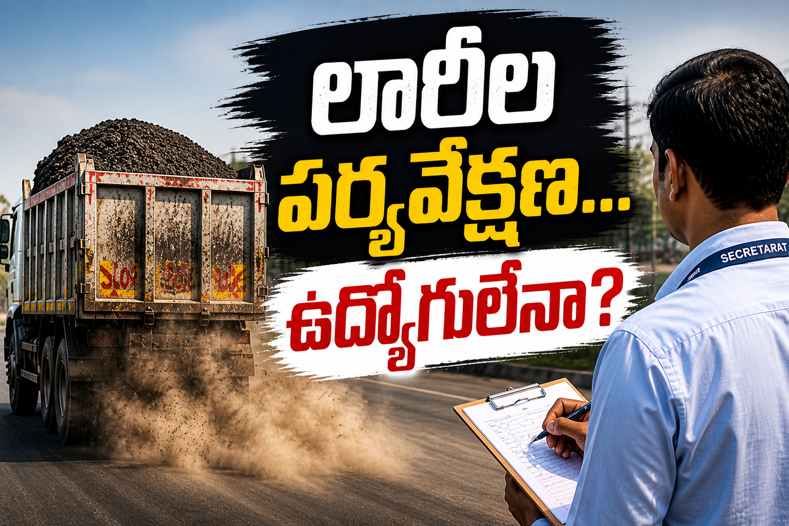 Secretariat employees inspecting lorries without tarpaulin in Andhra Pradesh