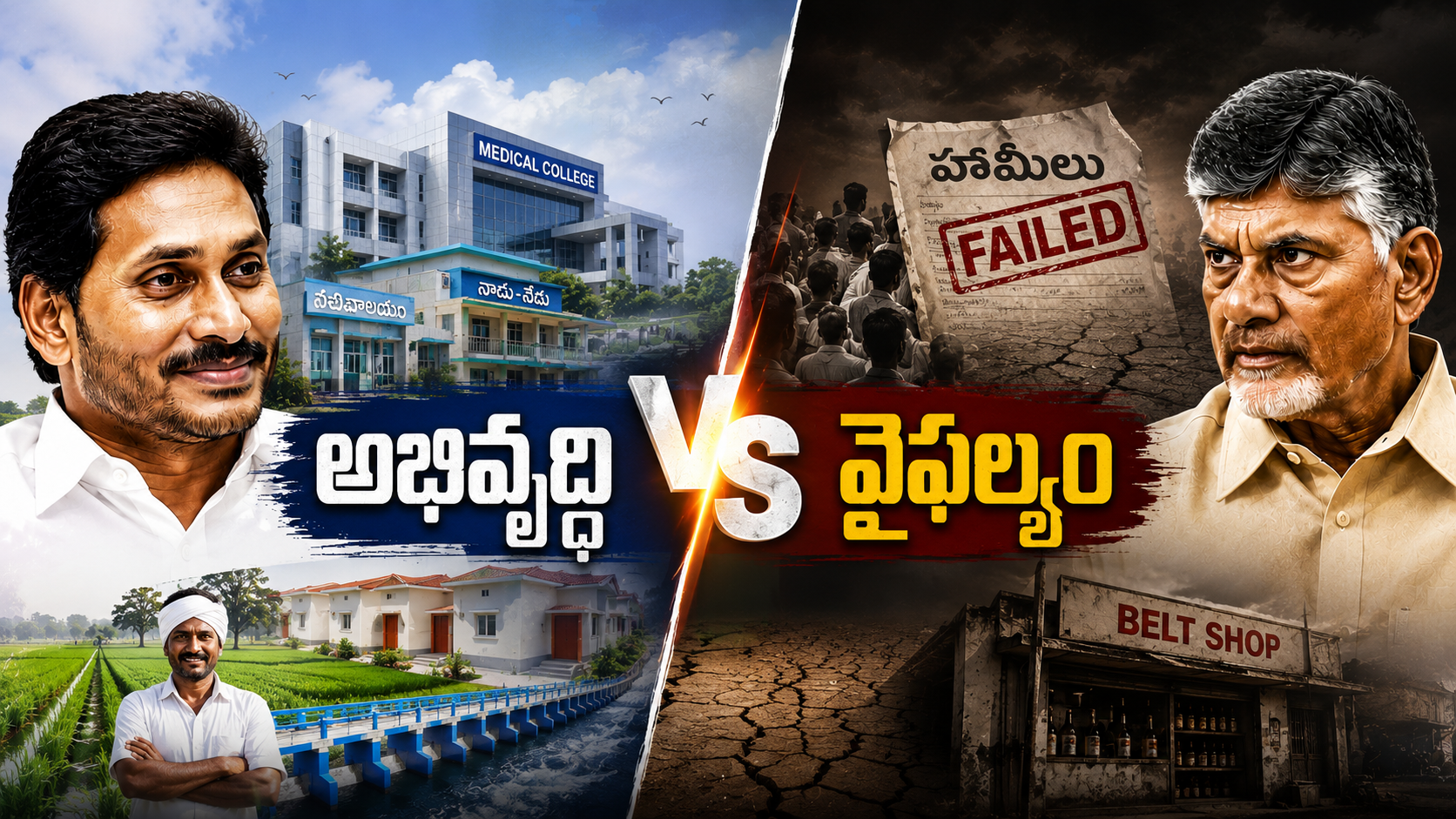 అభివృద్ధి VS వైఫల్యం నేపథ్యంలో జగన్, బాబు పాలనల మధ్య రాజకీయ పోలికను చూపించే ఫీచర్డ్ ఇమేజ్