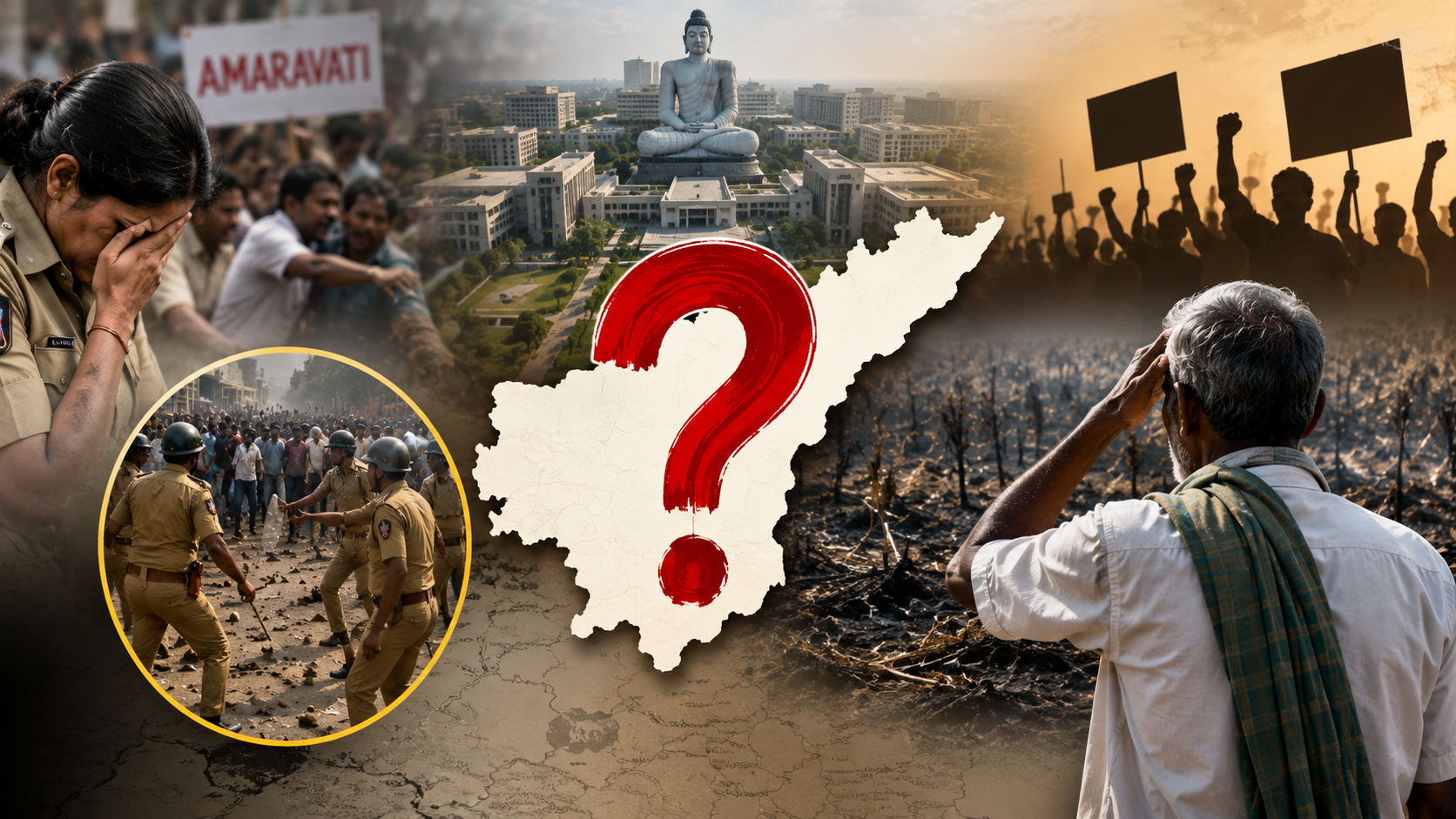 అమరావతి రాజధాని, వికేంద్రీకరణ, పోలీసులపై దాడులు, రైతుల వివాదాలను ప్రతిబింబించే ప్రతీకాత్మక చిత్రం