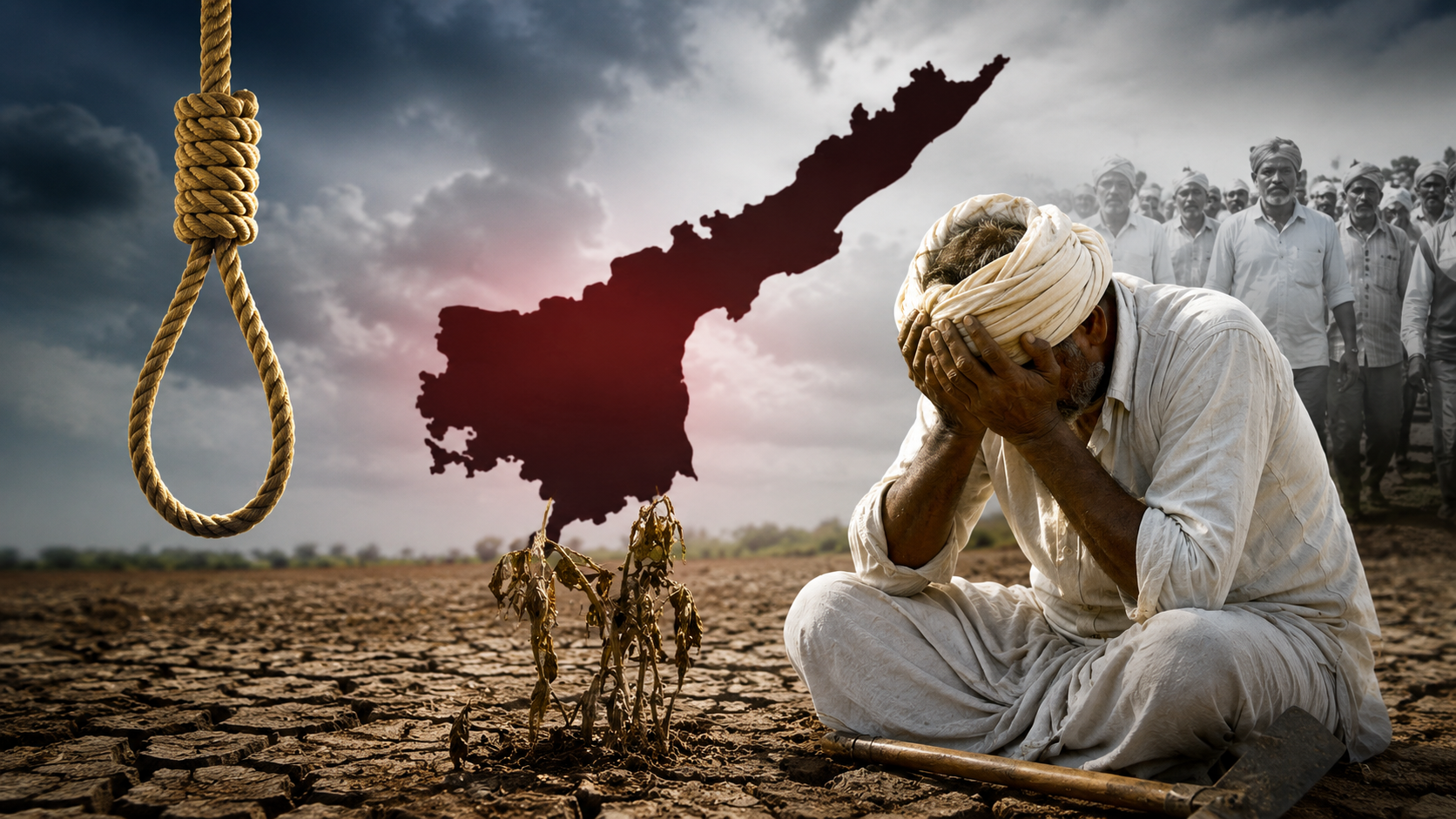 ఆంధ్రప్రదేశ్‌లో రైతుల ఆత్మహత్యలు, ఎండిపోయిన పొలం నేపథ్యంలో ఆందోళనలో కూర్చున్న రైతు ప్రతీకాత్మక చిత్రం