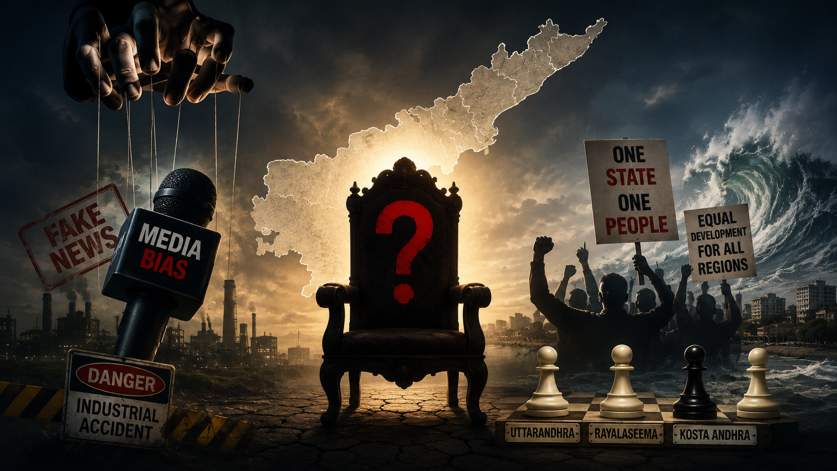 అన్ని ప్రాంతాలు గొప్పవే అంటూ ఉత్తరాంధ్ర, రాయలసీమ, కోస్తాంధ్ర సమాన అభివృద్ధిని ప్రతిబింబించే ఆంధ్రప్రదేశ్ రాజకీయ ప్రతీకాత్మక చిత్రం