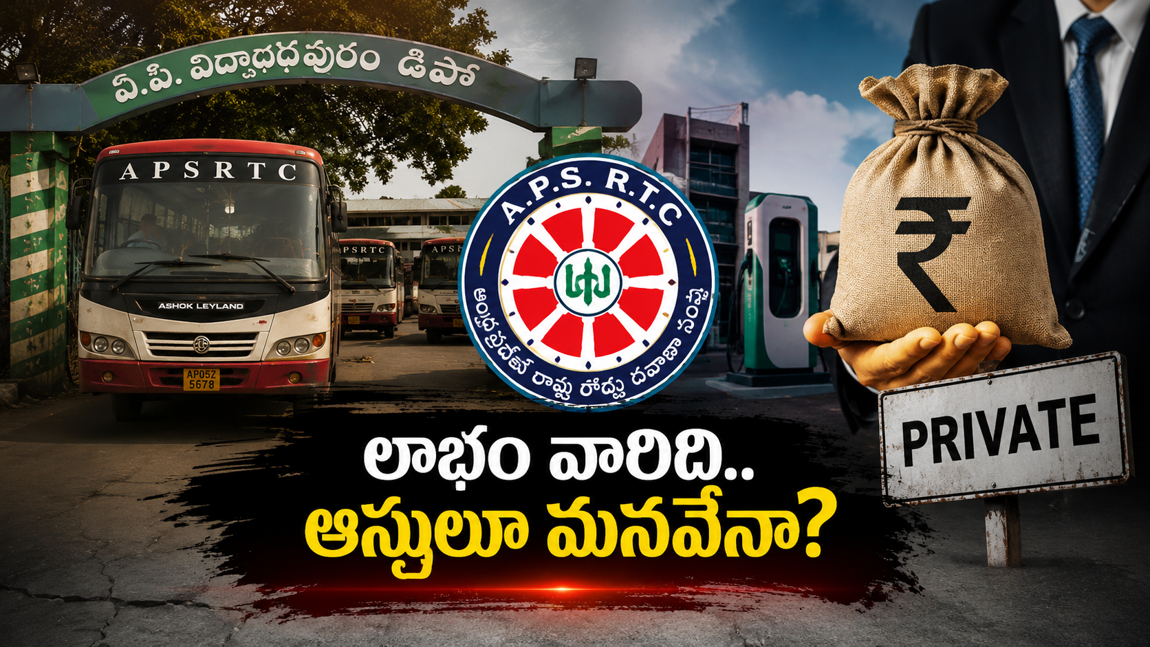 ఆర్టీసీ ప్రైవేటీకరణ నేపథ్యంలో రూ.1500 కోట్ల విలువైన డిపోలను లీజుకు ఇవ్వడంపై విమర్శలను ప్రతిబింబించే ఫీచర్డ్ ఇమేజ్