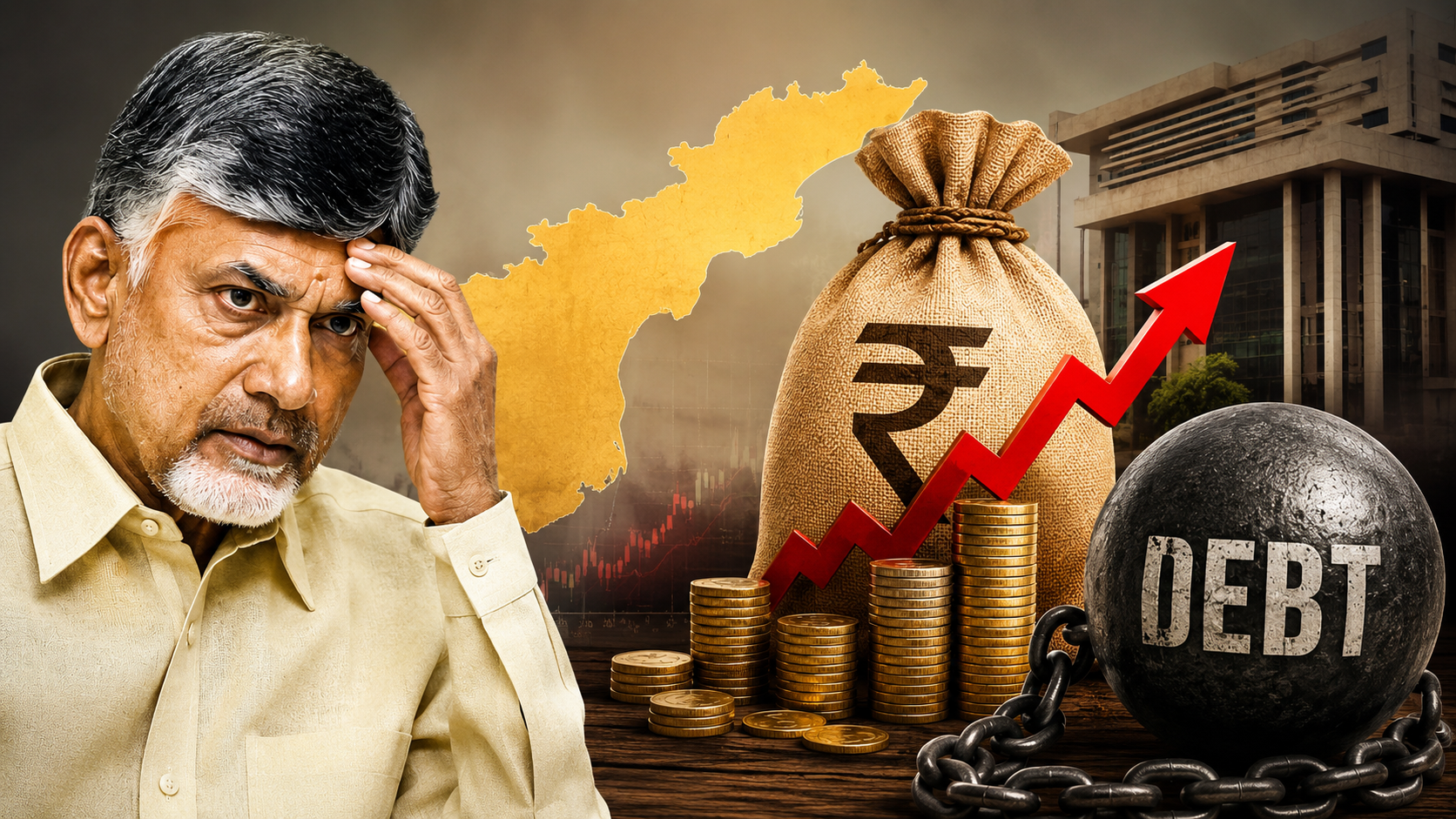 బాబు సర్కార్‌ అప్పుల క్యాలెండర్‌ నేపథ్యంలో రూ.21,800 కోట్ల బడ్జెట్‌ అప్పులు, పెరుగుతున్న రాష్ట్ర రుణభారం సూచించే ప్రతీకాత్మక చిత్రం