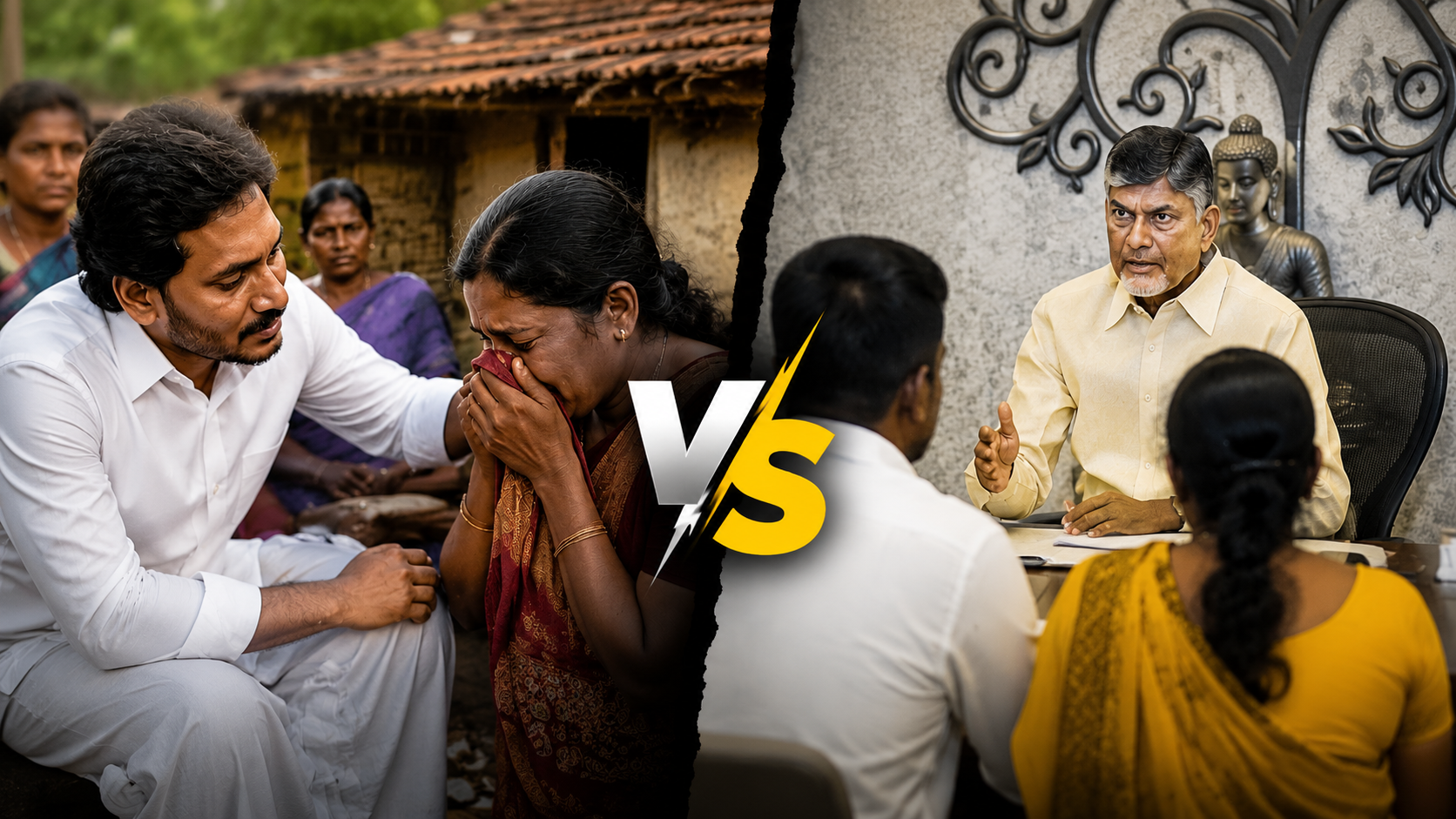 బాధితుల ఇంటికి వెళ్లిన జగన్, బాధితులనే తన ఇంటికి రప్పించుకున్న చంద్రబాబు మధ్య తేడాను చూపించే రాజకీయ పోలిక చిత్రం