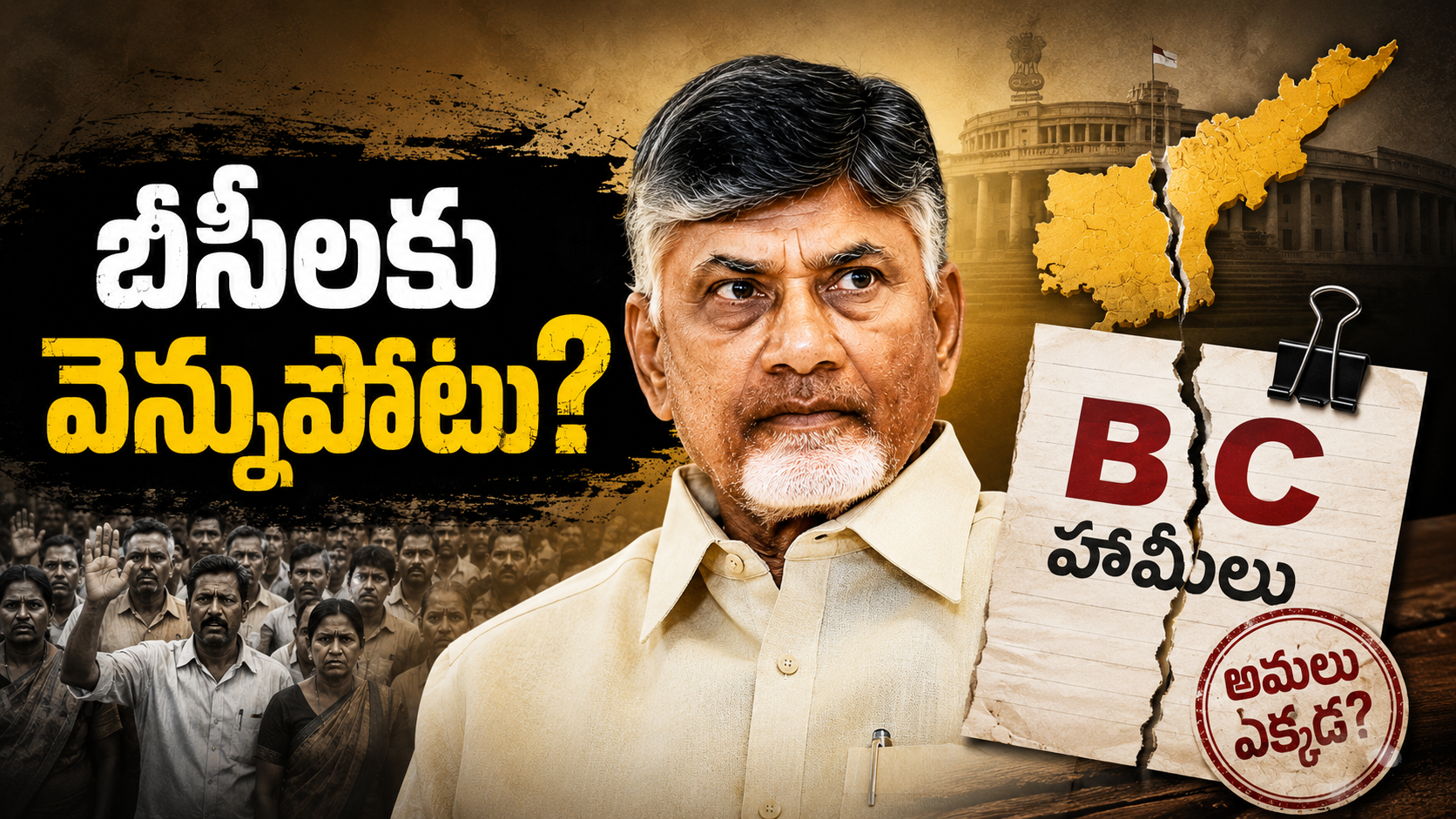 బీసీలకు బాబు వెన్నుపోటు అంటూ చంద్రబాబు బీసీ హామీల అమలుపై రాజకీయ విమర్శలను ప్రతిబింబించే ఫీచర్డ్ ఇమేజ్.