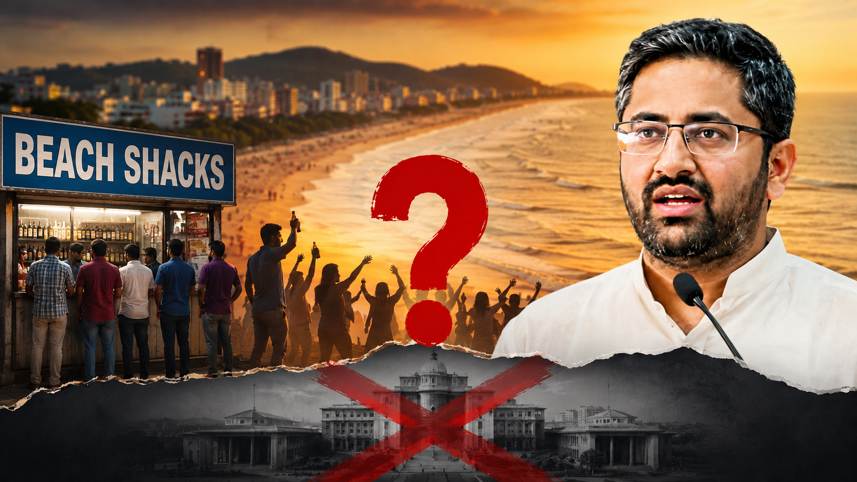 విశాఖ బీచ్‌లో బీచ్ షాక్స్ ఏర్పాటు అంశంపై రాజకీయ వివాదాన్ని సూచించే ఫీచర్డ్ ఇమేజ్