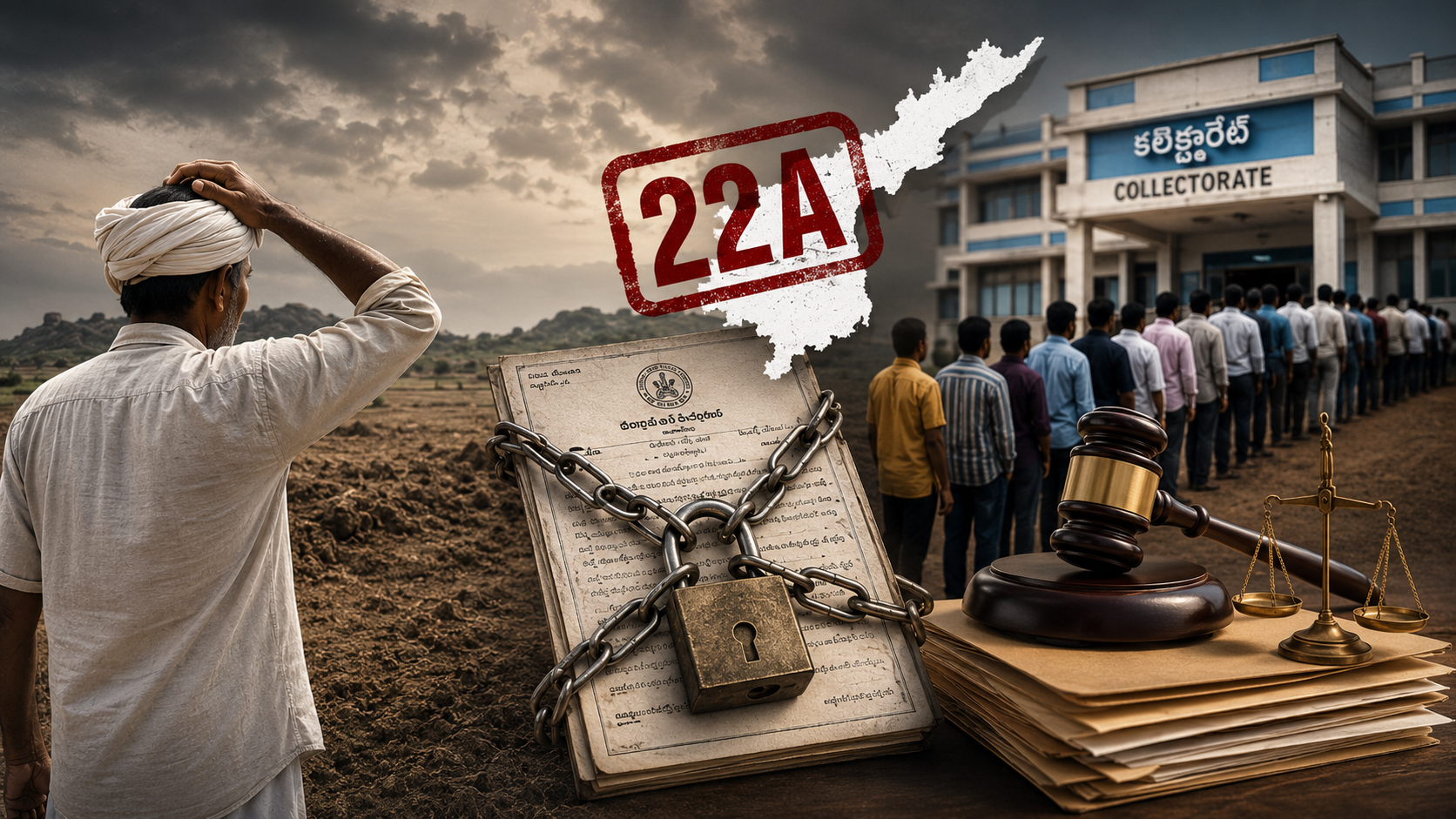భూ వ్యవస్థ అస్తవ్యస్తం నేపథ్యంలో 22ఏ జాబితా, రైతుల భూ హక్కులు మరియు భూములపై ఆంక్షలను సూచించే చిత్రం