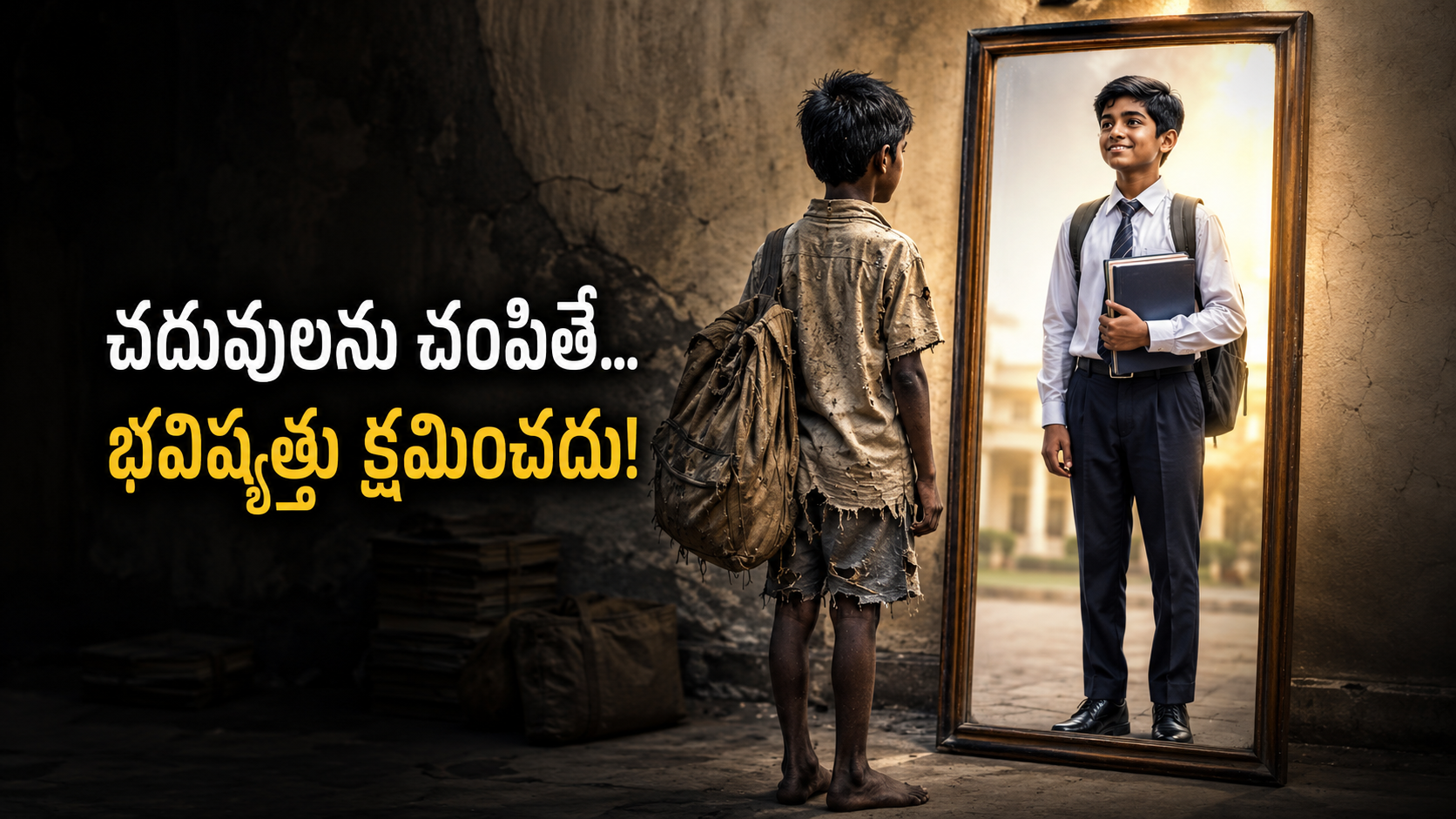 చదువులను చంపితే భవిష్యత్తు క్షమించదు అంటూ పేద బాలుడు తన విద్యా భవిష్యత్తును అద్దంలో చూసుకుంటున్న దృశ్యం