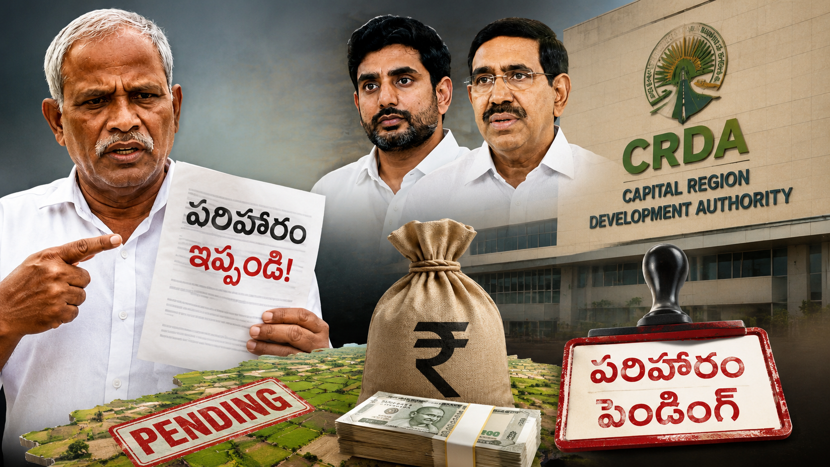 CRDA పరిహారం పెండింగ్‌పై రైతు చుండు నర్సిరెడ్డి ఆరోపణలు, లోకేశ్, నారాయణ, భార్గవ్ తేజ చిత్రాలతో ఫీచర్డ్ ఇమేజ్