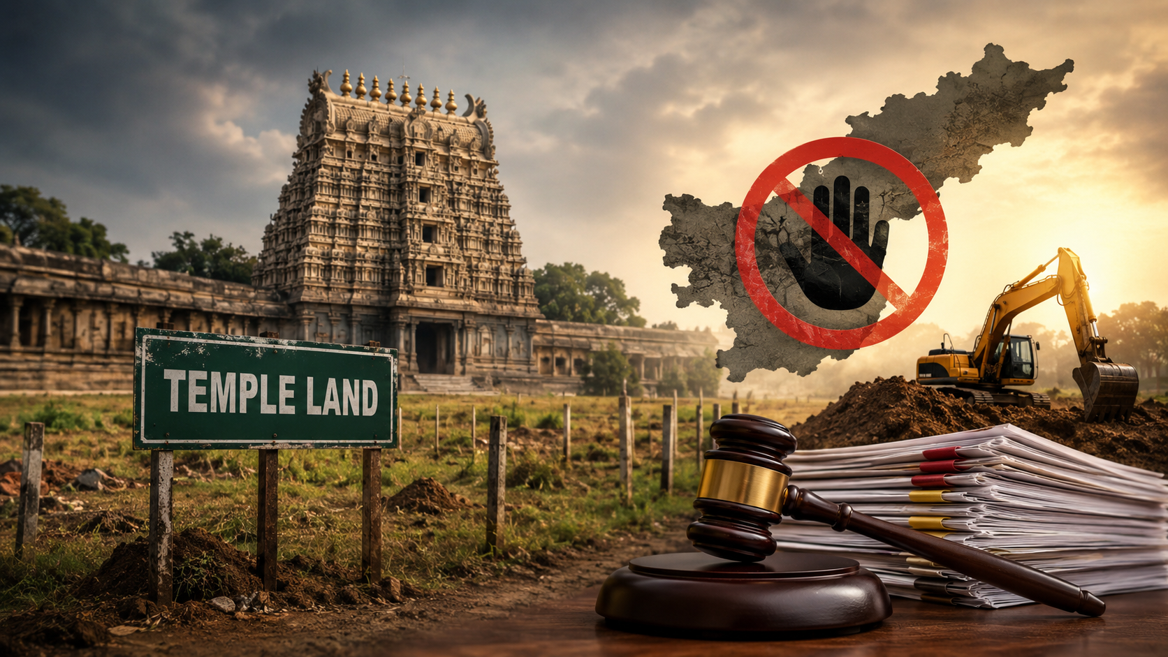 దేవదాయ భూముల ఆక్రమణలు, పెండింగ్ వివాదాలు, ట్రిబ్యునల్ నిర్వీర్యంపై సూచించే దేవాలయం మరియు న్యాయస్థాన ప్రతీకలతో కూడిన చిత్రం