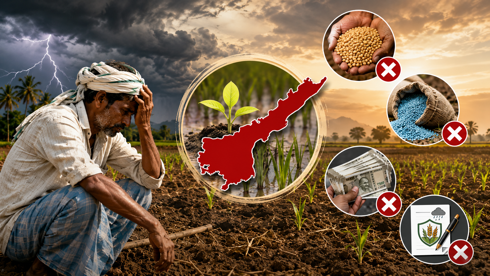 ఏరువాక సాగు సమస్యలు నేపథ్యంలో పొలంలో ఆందోళనగా కూర్చున్న రైతు, విత్తనాలు, ఎరువులు, పెట్టుబడి సాయం, పంట బీమా సమస్యలను సూచించే ప్రతీకాత్మక చిత్రం.