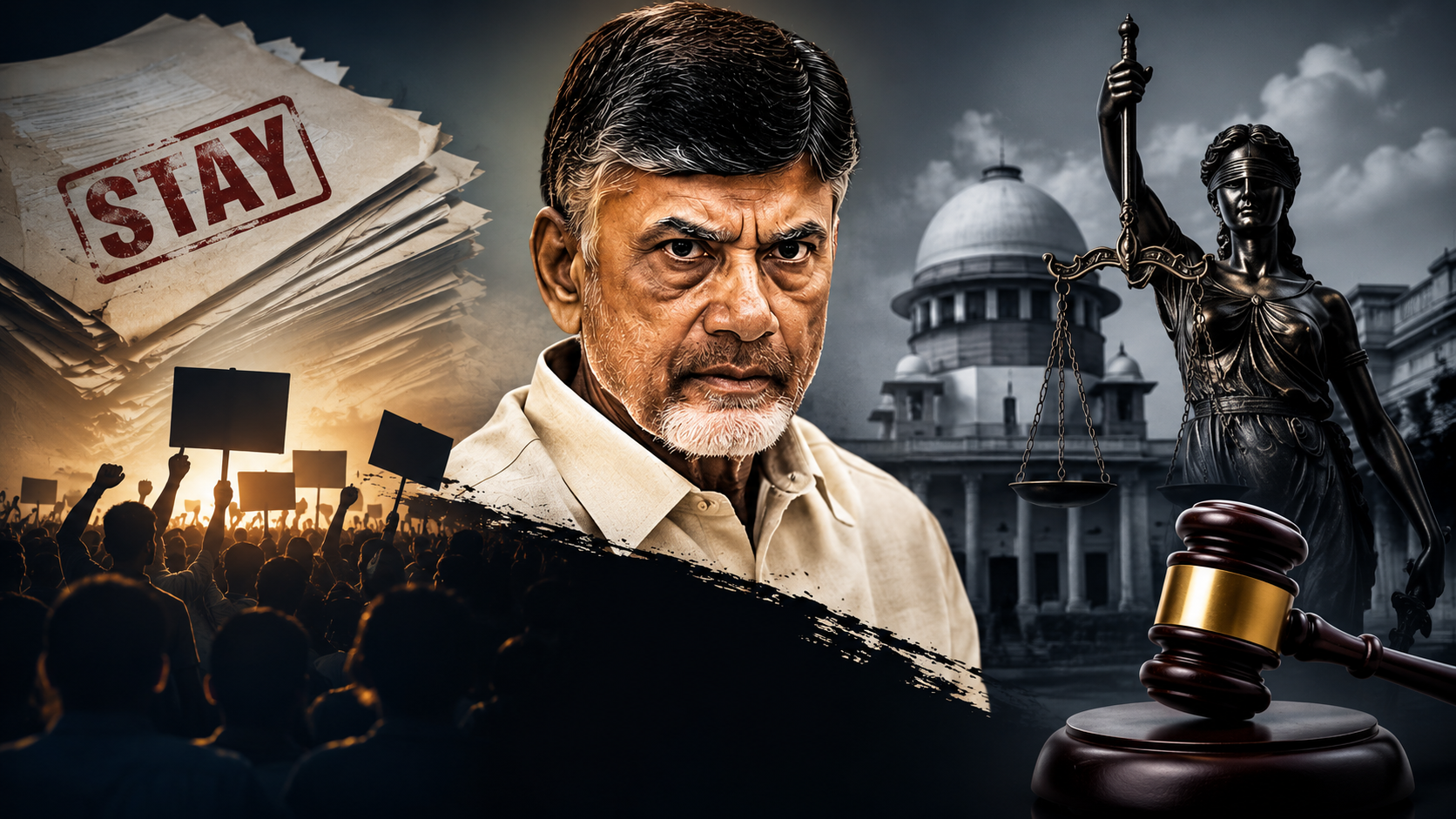 ఎవరు క్రిమినల్స్ ఎవరు నిప్పులు అనే రాజకీయ కథనాన్ని ప్రతిబింబించే న్యాయస్థానం, స్టే పిటిషన్లు, నిరసనల నేపథ్యంతో రూపొందించిన ఫీచర్డ్ ఇమేజ్