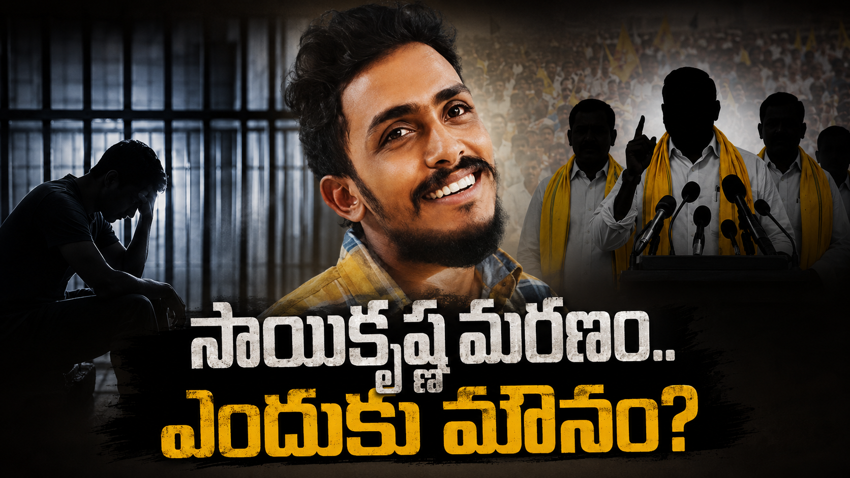 గాదె సాయికృష్ణ మరణం ఎందుకు మౌనం నేపథ్యంలో జైలు దృశ్యం, సాయికృష్ణ ఫోటో, రాజకీయ నాయకుల సిల్హౌట్లతో రూపొందించిన ఫీచర్డ్ ఇమేజ్