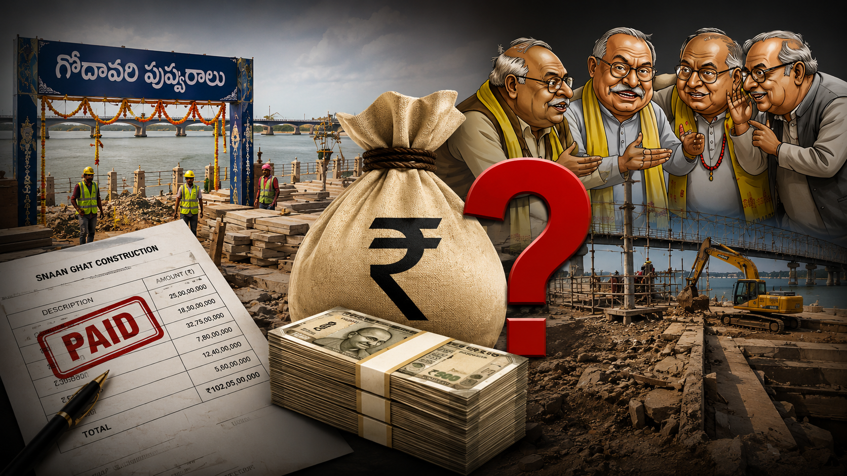 గోదావరి పుష్కరాల్లో ఎమ్మెల్యేల కోటా స్నాన ఘాట్‌ల నిర్మాణంపై అవినీతి ఆరోపణలను ప్రతిబింబించే ఫీచర్డ్ ఇమేజ్