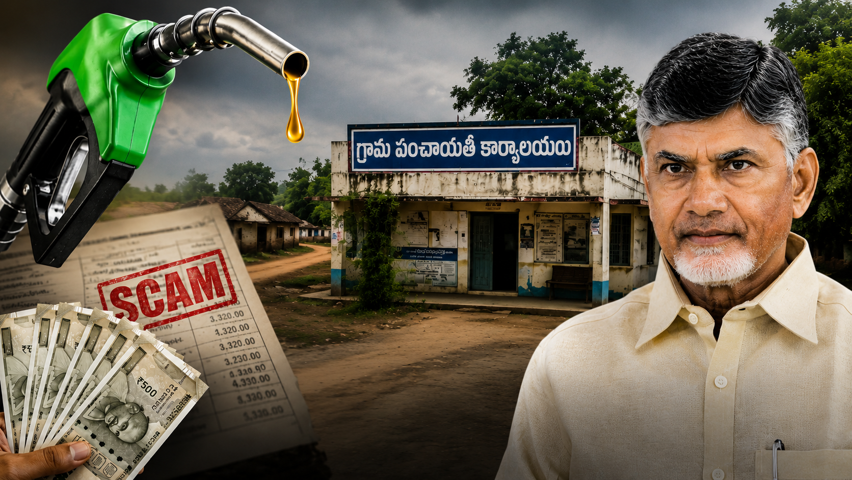 గ్రామ పంచాయతీల్లో పెట్రోలు అక్రమాల ఆరోపణలు, గ్రామ పంచాయతీ కార్యాలయం, పెట్రోల్ నాజిల్ మరియు చంద్రబాబు నాయుడు