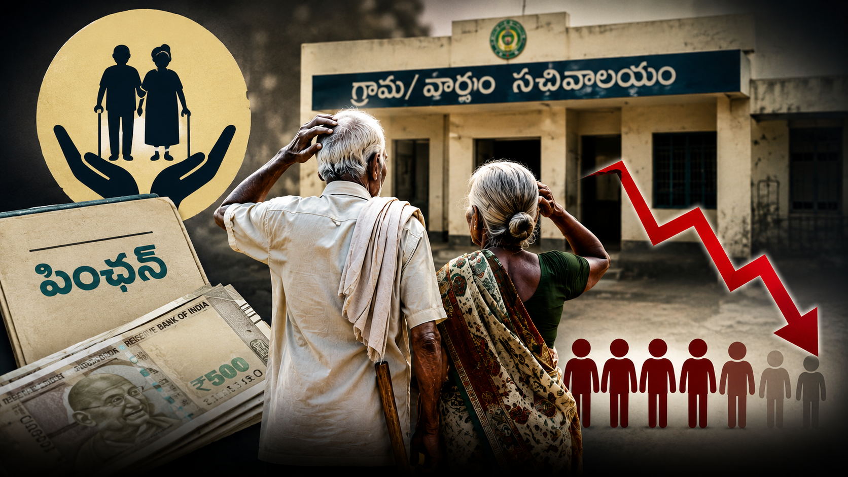 కొత్త పింఛన్లపై గందరగోళం మధ్య పింఛన్ లబ్ధిదారుల సంఖ్య తగ్గిన అంశాన్ని సూచించే చిత్రం