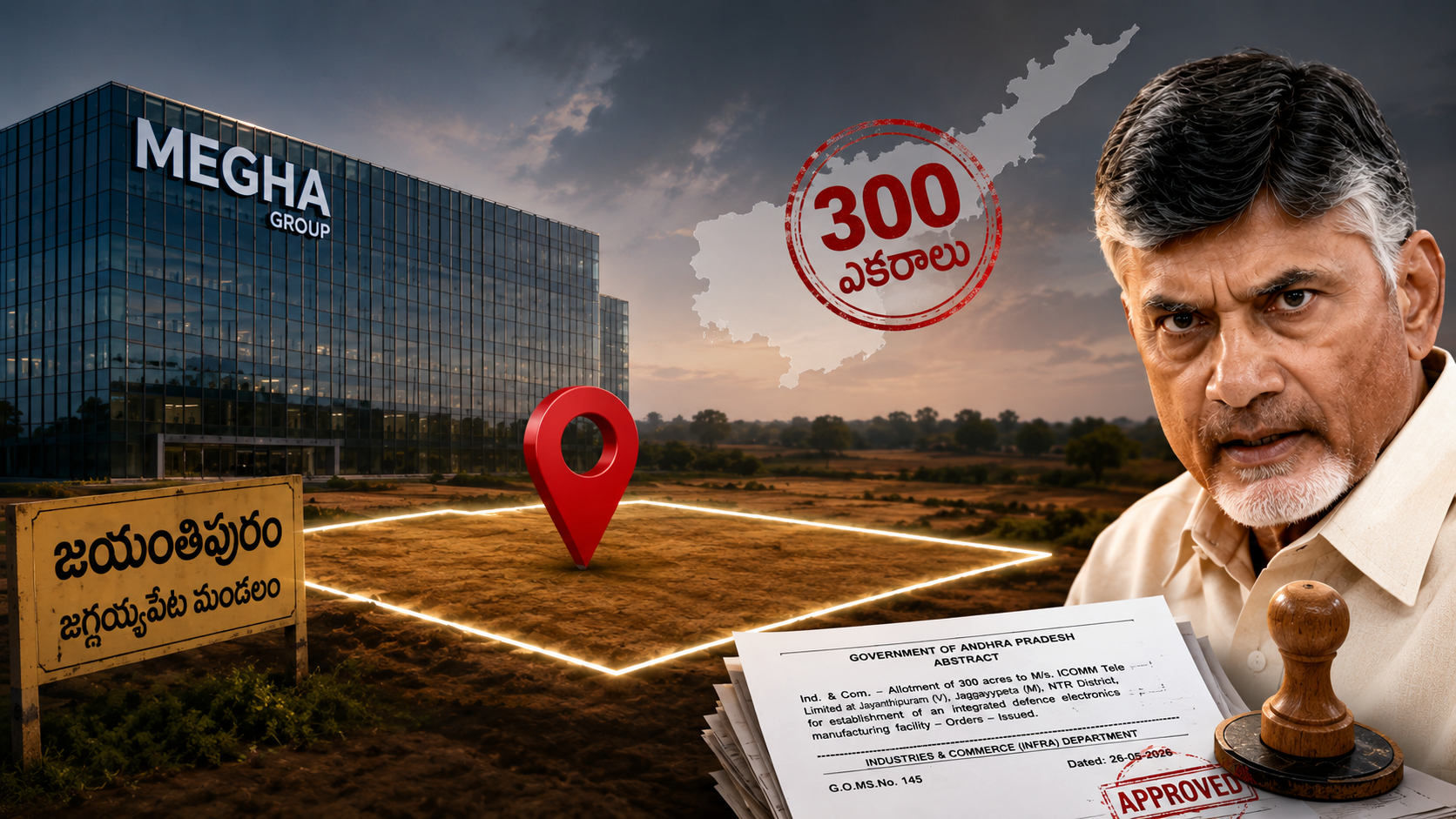 జగ్గయ్యపేట జయంతిపురంలో మేఘా గ్రూప్‌కు 300 ఎకరాల ప్రభుత్వ భూమి కేటాయింపుపై రాజకీయ వివాదాన్ని చూపించే ఫీచర్డ్ ఇమేజ్