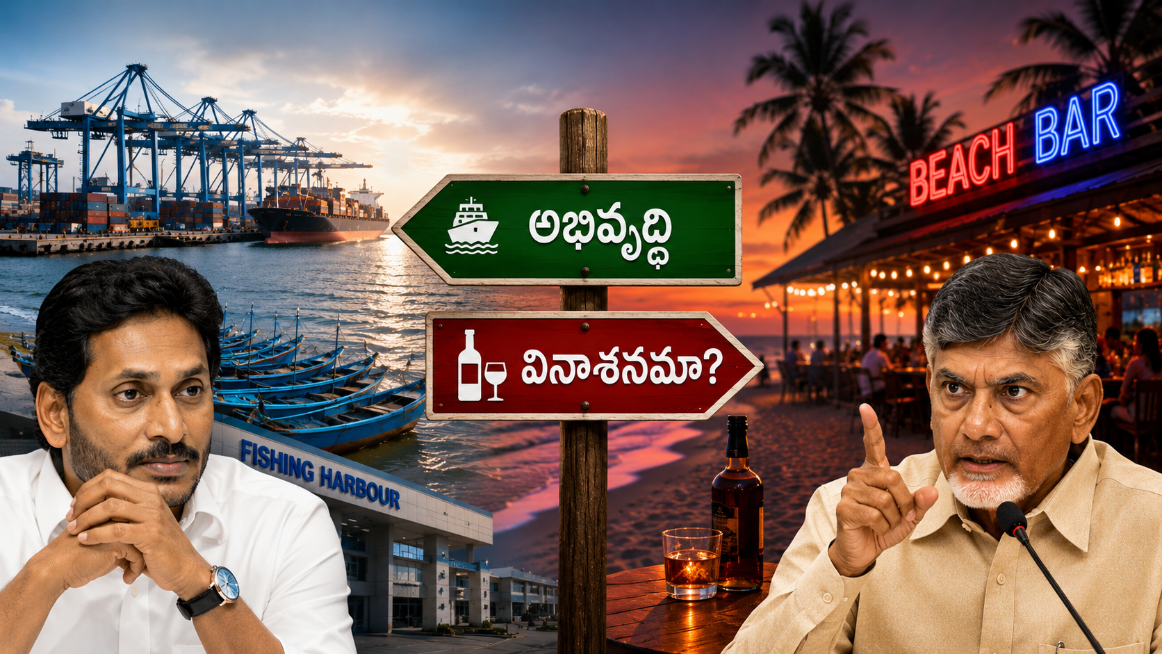 పోర్టులు, ఫిషింగ్ హార్బర్లు, బీచ్ బార్ల నేపథ్యంలో ఏపీ తీర ప్రాంతాల భవిష్యత్తుపై రాజకీయ చర్చను సూచించే ఫీచర్డ్ ఇమేజ్