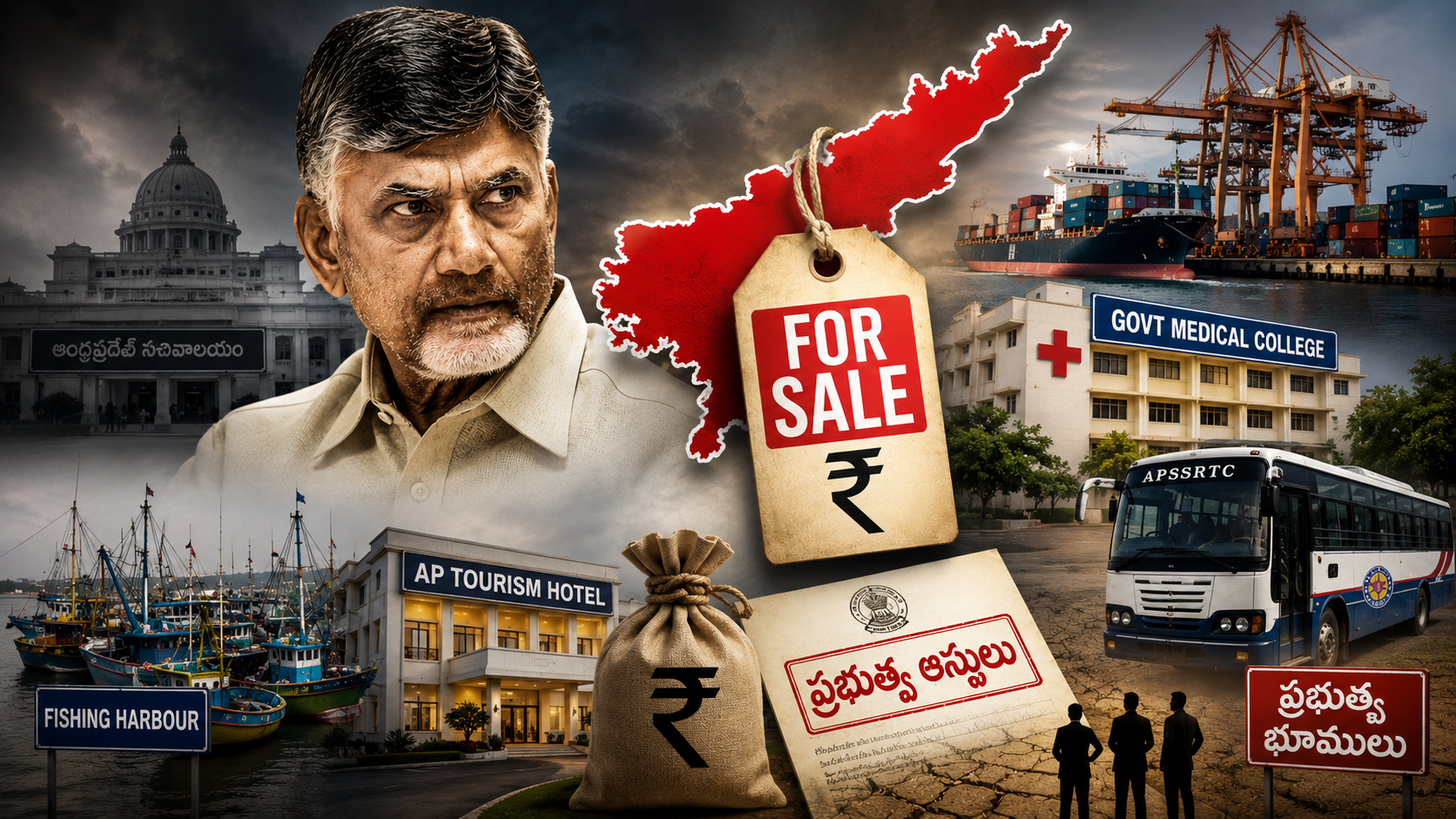 ప్రభుత్వ ఆస్తుల ప్రైవేటీకరణ నేపథ్యంలో రామాయపట్నం పోర్టు, ఆర్టీసీ, ప్రభుత్వ మెడికల్ కాలేజీలు, టూరిజం హోటళ్లు, ఫిషింగ్ హార్బర్లను చూపిస్తున్న ఫీచర్డ్ ఇమేజ్.