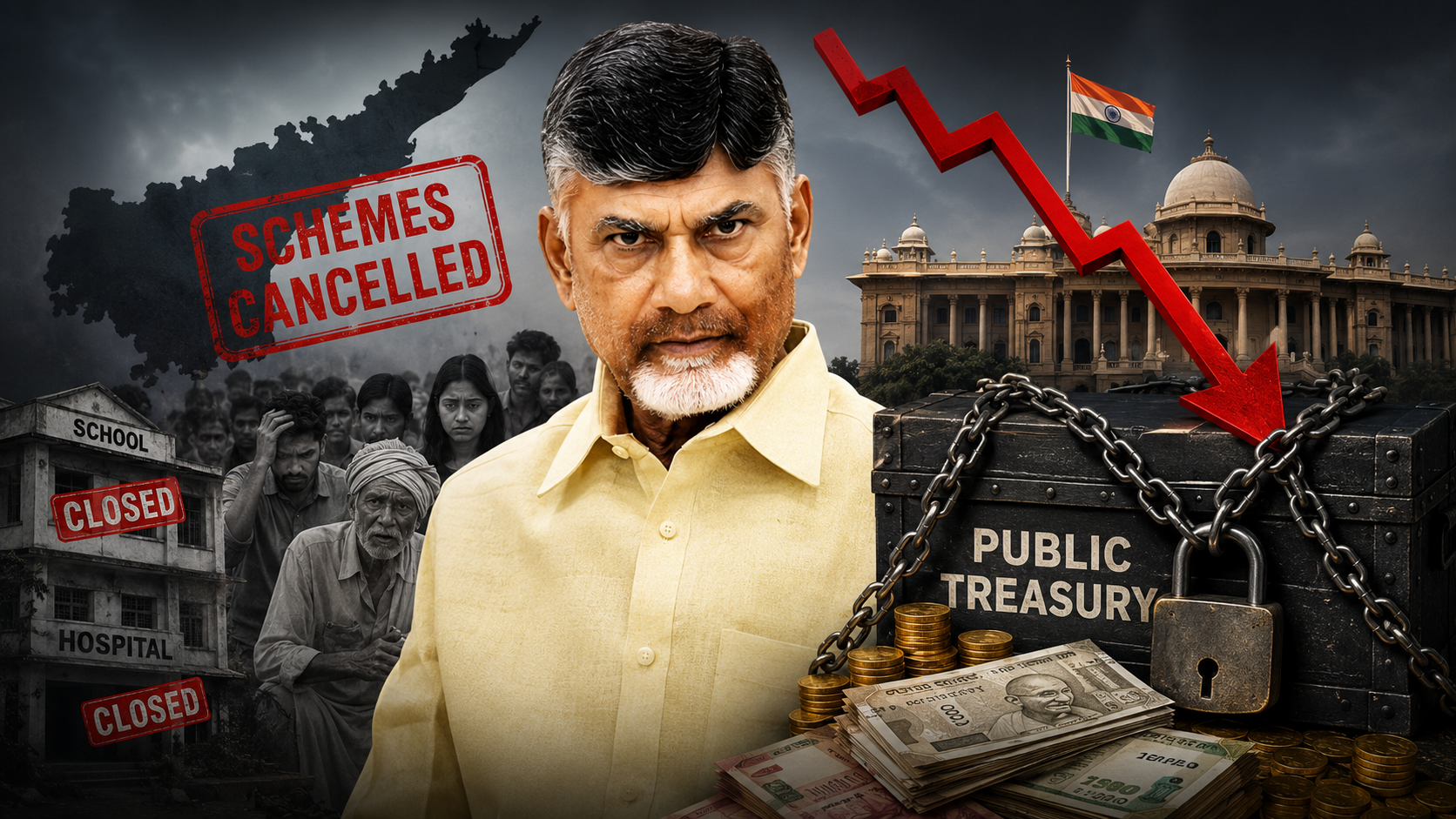 స్కీములు రద్దు స్కామ్‌లే ముద్దు అంటూ రెండేళ్ల చంద్రబాబు పాలనలో హామీల అమలు లేక అప్పుల పెరుగుదలపై విమర్శలను ప్రతిబింబించే చిత్రం