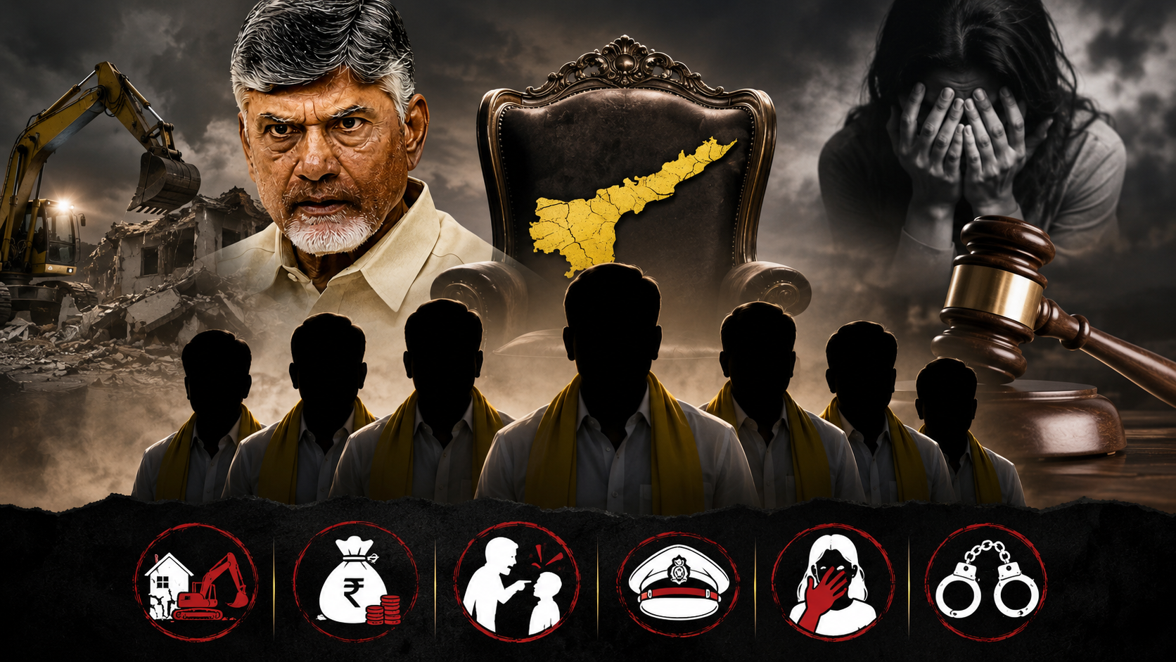 టీడీపీ ఎమ్మెల్యేల గూండాగిరీ, దాడులు, కబ్జాలు, బెదిరింపుల ఆరోపణల నేపథ్యంలో రూపొందించిన ఆంధ్రప్రదేశ్ రాజకీయాల ఫీచర్డ్ ఇమేజ్