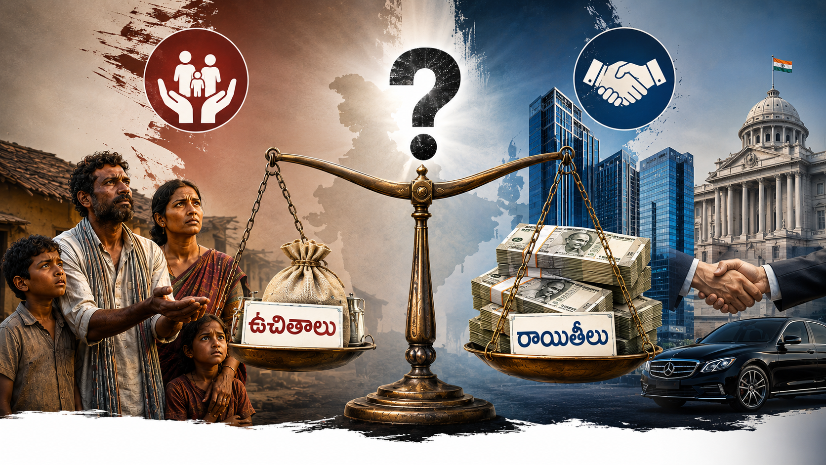 ఉచితాలా రాయితీలా - పేదలకు సంక్షేమ పథకాలు, పెద్దలకు రాయితీలపై రాజకీయ చర్చను ప్రతిబింబించే ఫీచర్డ్ ఇమేజ్
