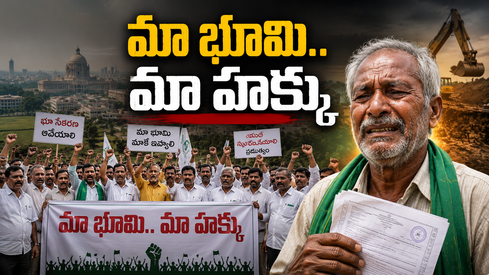 భూ సేకరణకు వ్యతిరేకంగా మా భూమి మా హక్కు అంటూ నిరసన వ్యక్తం చేస్తున్న ఉండవల్లి రైతుల ర్యాలీ