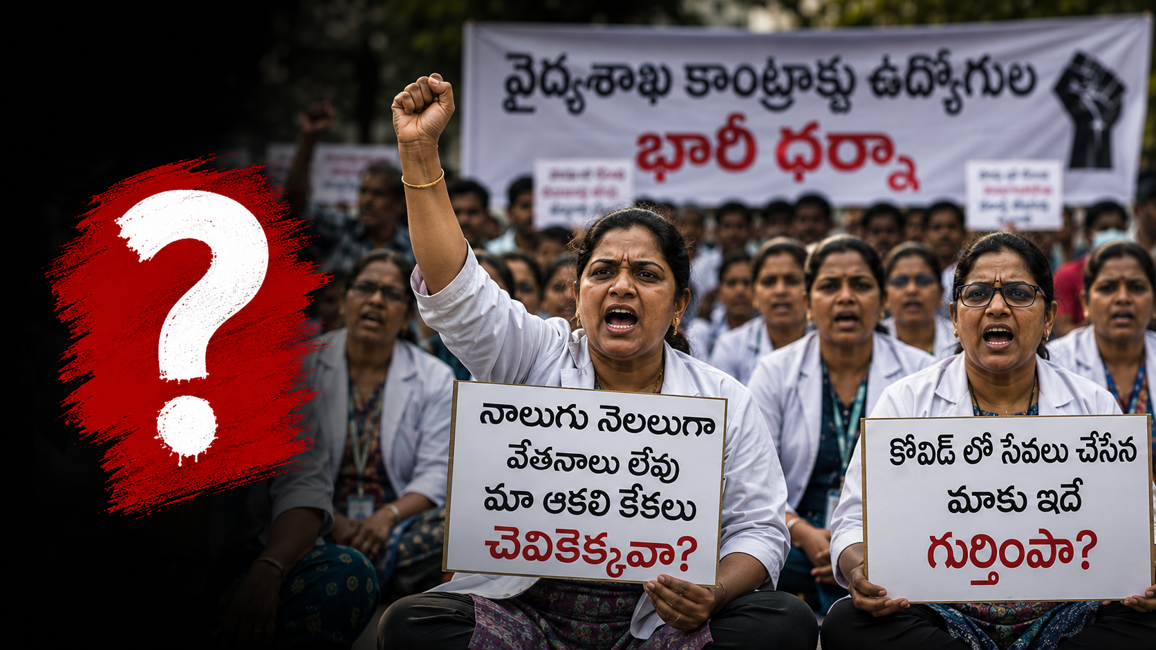 విజయవాడలో నాలుగు నెలలుగా వేతనాలు లేక నిరసన వ్యక్తం చేస్తున్న వైద్యశాఖ కాంట్రాక్టు ఉద్యోగుల భారీ ధర్నా