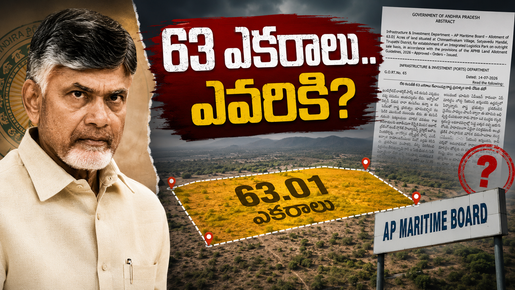63 ఎకరాల భూమి కేటాయింపు వివాదంపై చంద్రబాబు, ఏపీ మారిటైమ్ బోర్డు, ప్రభుత్వ ఉత్తర్వులు, భూమి మ్యాప్‌తో రూపొందించిన ఫీచర్డ్ ఇమేజ్