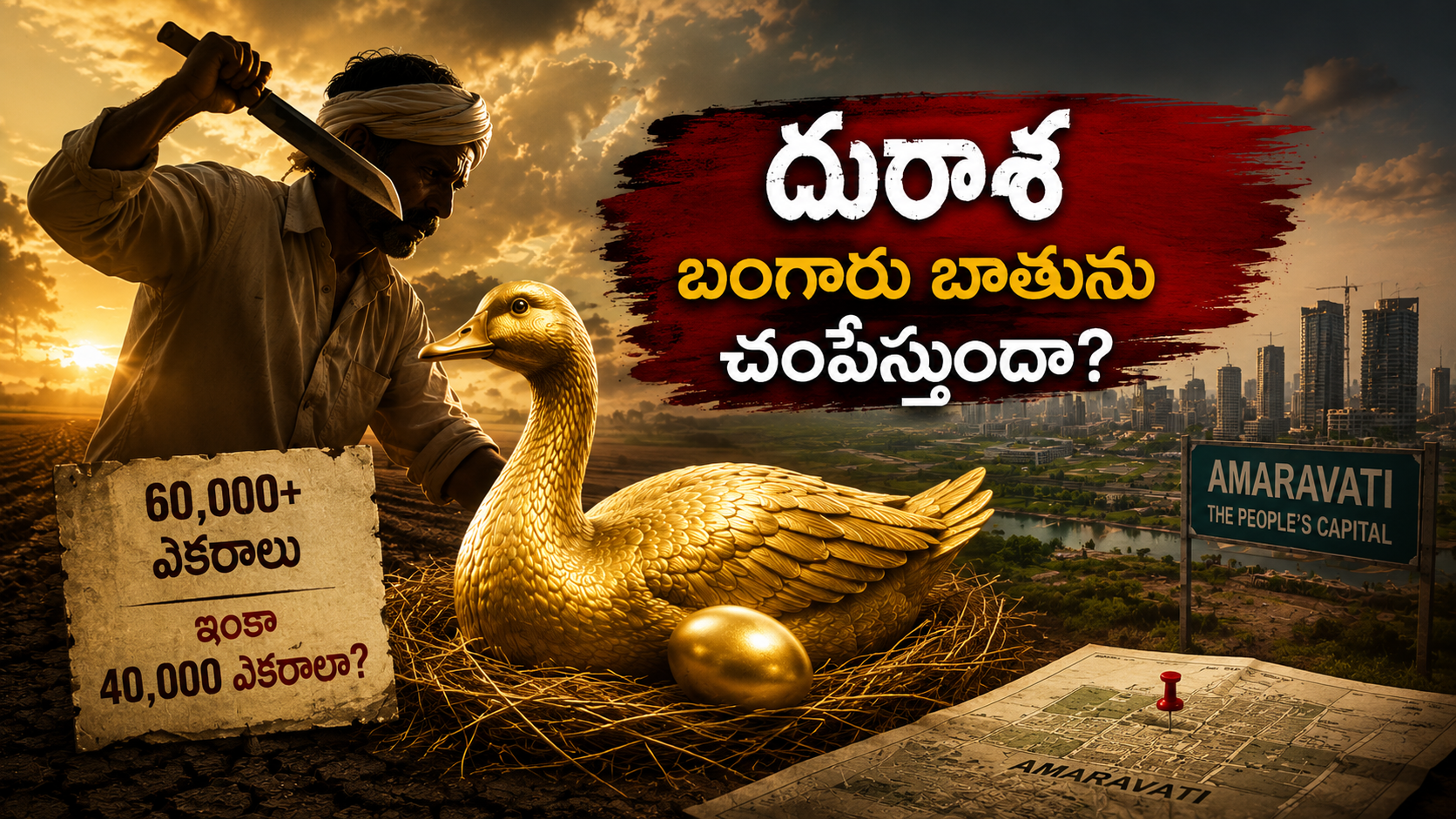 అమరావతి బంగారు బాతు ఉపమానంతో భూసేకరణ వివాదాన్ని ప్రతిబింబించే ఫీచర్డ్ ఇమేజ్