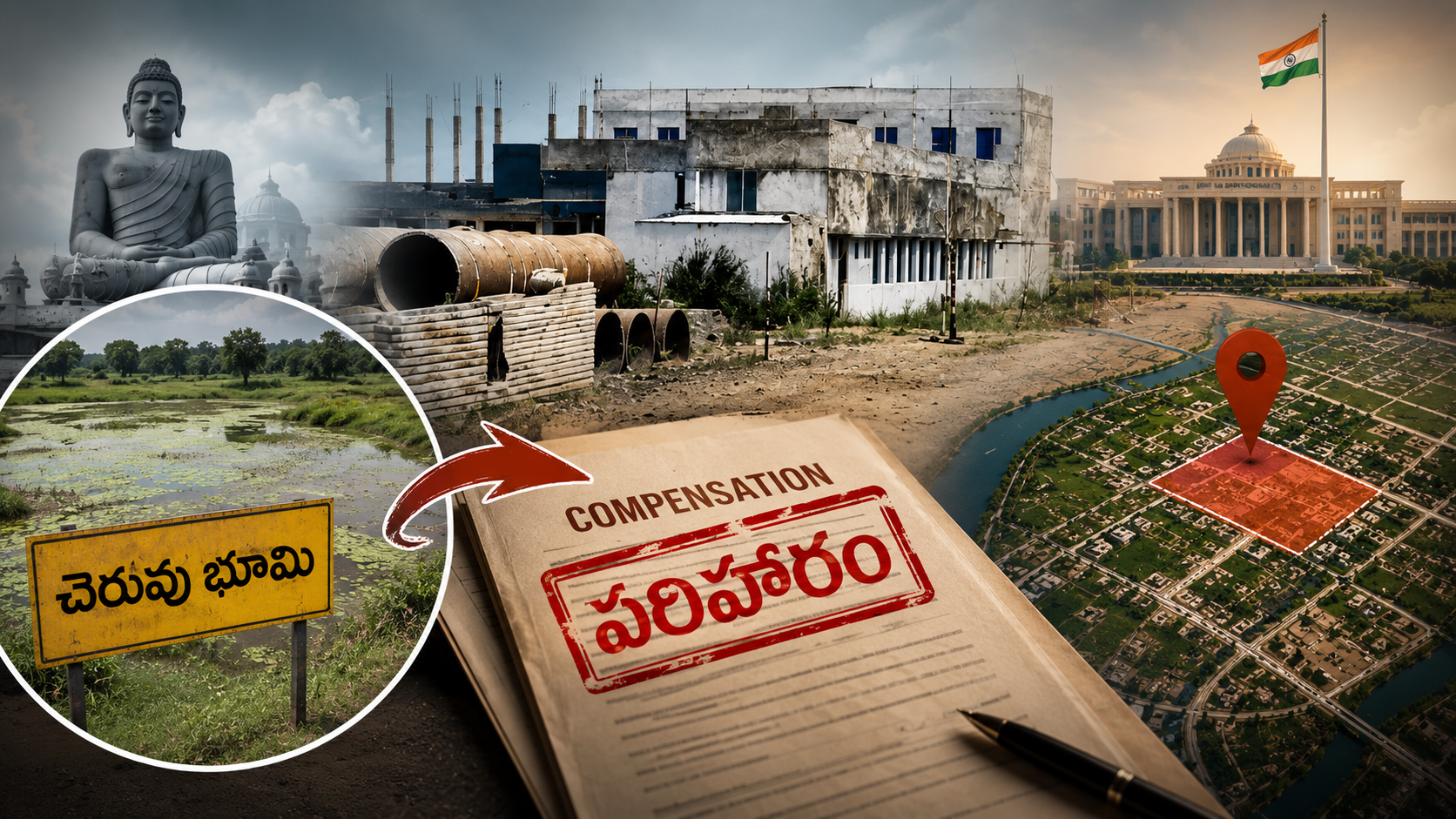 అమరావతిలో చెరువు భూమి ఆక్రమణ, పరిహారం చెల్లింపులు, భూ కేటాయింపులపై ఆరోపణలకు సంబంధించిన ప్రతీకాత్మక చిత్రం.
