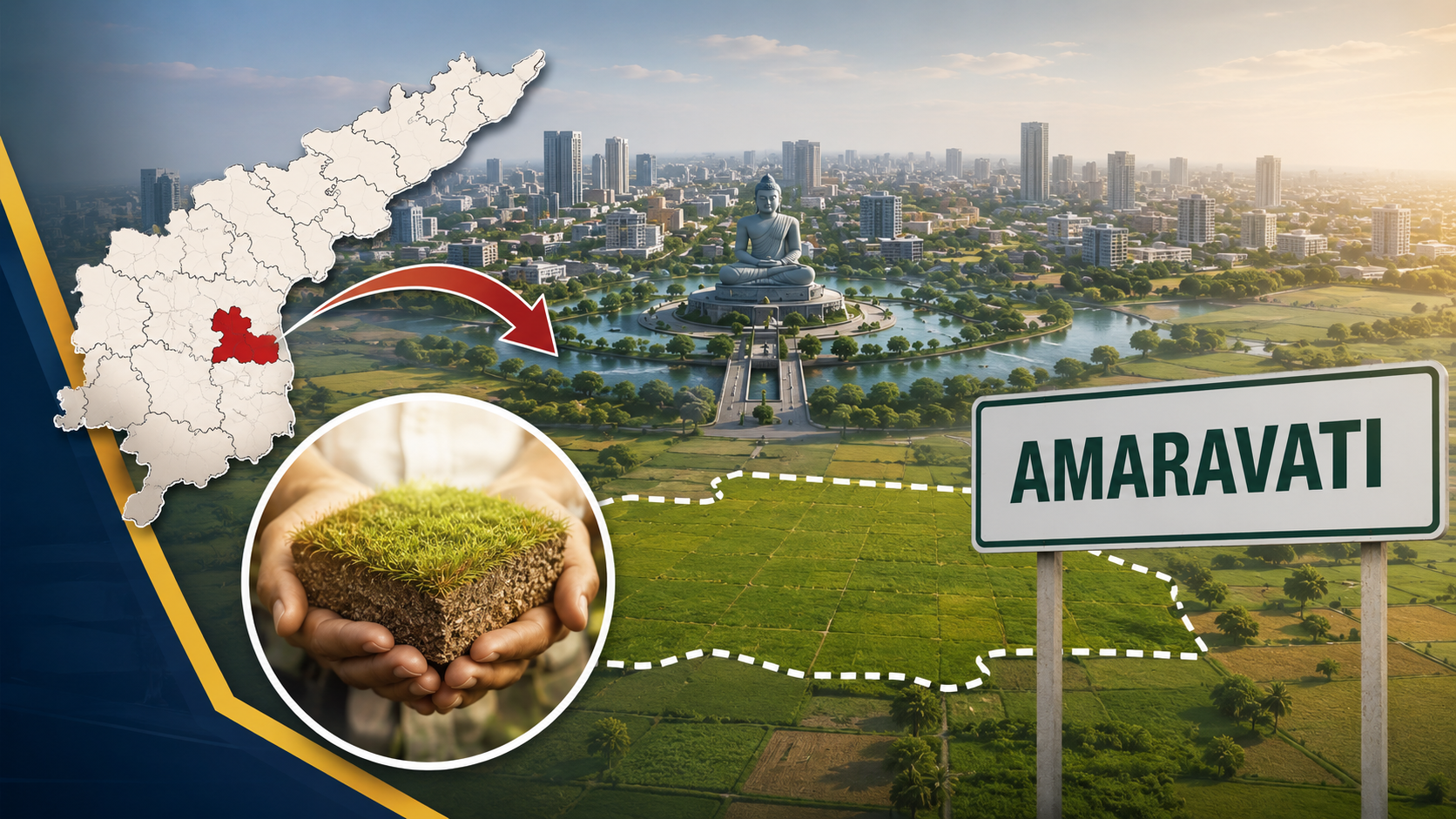 అమరావతి విస్తరణలో భాగంగా మరో 50 గ్రామాల్లో 1.75 లక్షల ఎకరాల ల్యాండ్ పూలింగ్ ప్రతిపాదనను సూచించే చిత్రం