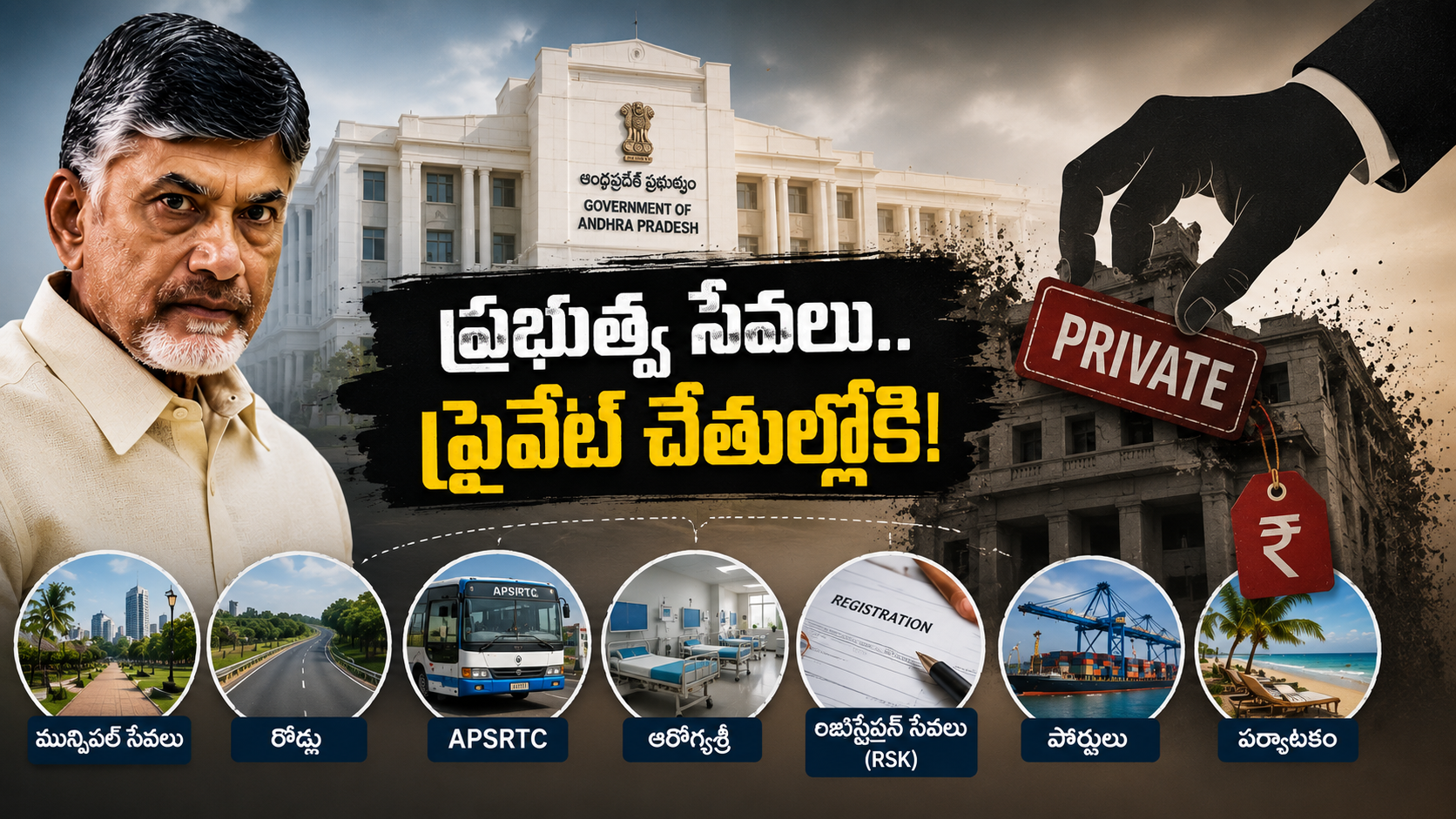 ఆంధ్రప్రదేశ్ ముఖ్యమంత్రి చంద్రబాబు నాయుడు, ప్రభుత్వ సేవల్లో ప్రతిపాదిత PPP విధానం, మున్సిపల్ సేవలు, రోడ్లు, APSRTC, ఆరోగ్యశ్రీ, రిజిస్ట్రేషన్ సేవలు, పోర్టులు, పర్యాటక రంగాన్ని సూచించే ఫీచర్డ్ ఇమేజ్.