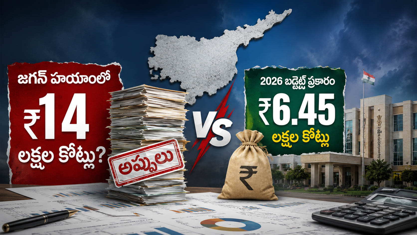 2026 బడ్జెట్ ప్రకారం ఆంధ్రప్రదేశ్ రాష్ట్ర అప్పు రూ.6.45 లక్షల కోట్లు, జగన్ హయాంలో రూ.14 లక్షల కోట్ల అప్పుల ఆరోపణల పోలిక.