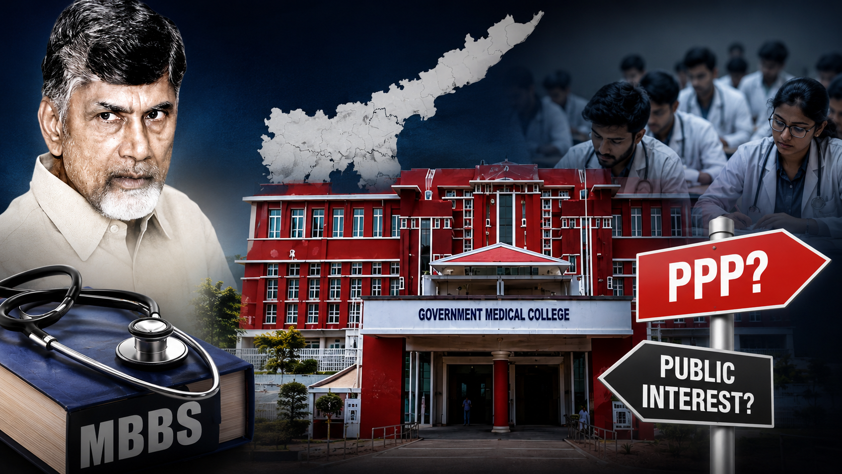 NMC గణాంకాల ప్రకారం ఆంధ్రప్రదేశ్‌లో ప్రభుత్వ MBBS సీట్లు, PPP మెడికల్ కాలేజీల వివాదాన్ని ప్రతిబింబించే ఫీచర్డ్ ఇమేజ్