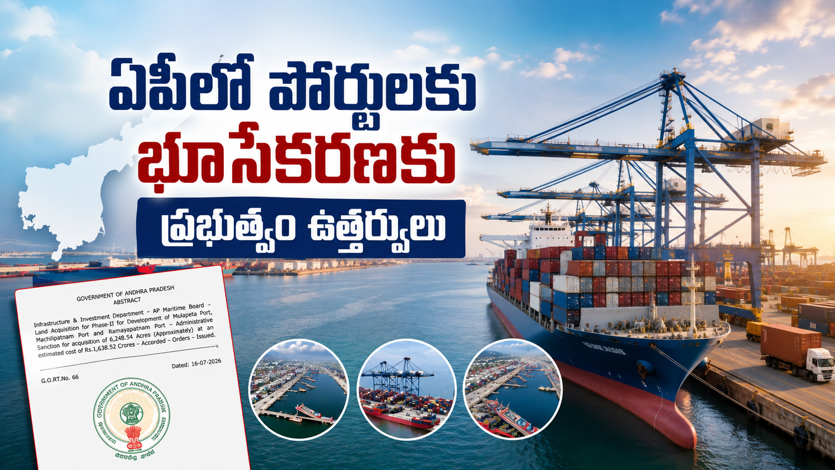 ఏపీలో పోర్టులకు భూసేకరణ కోసం ప్రభుత్వం ఉత్తర్వులు జారీ చేసిన నేపథ్యంలో మూలపేట, మచిలీపట్నం, రామాయపట్నం పోర్టుల ప్రతీకాత్మక చిత్రం