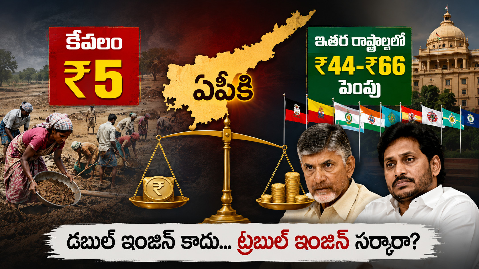 ఏపీలో ఉపాధి హామీ కూలి పెంపు కేవలం రూ.5 మాత్రమే ఉండగా, ఇతర రాష్ట్రాల్లో రూ.44 నుంచి రూ.66 వరకు పెంపు లభించిందని చూపిస్తున్న ఫీచర్డ్ ఇమేజ్.