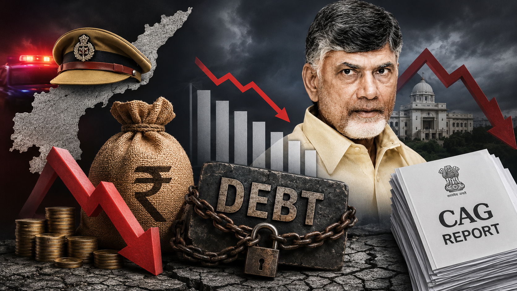 ఆంధ్రప్రదేశ్లో రెండేళ్ల పాలనపై పోలీస్ ర్యాంక్, GST/GSDP నిష్పత్తి, పెరిగిన అప్పులు, CAG నివేదికలను సూచించే ఫీచర్డ్ ఇమేజ్.
