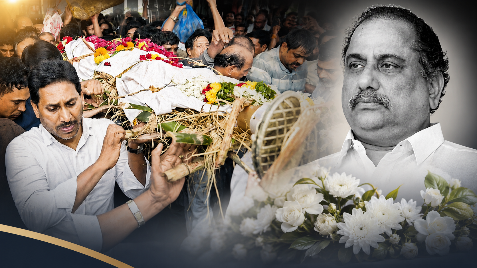 అశ్రునయనాలతో అంతిమ వీడ్కోలు సందర్భంగా కిర్లంపూడిలో ముద్రగడ పద్మనాభం అంతిమయాత్రలో స్వయంగా పాడె మోసి నివాళులర్పిస్తున్న వైఎస్ జగన్