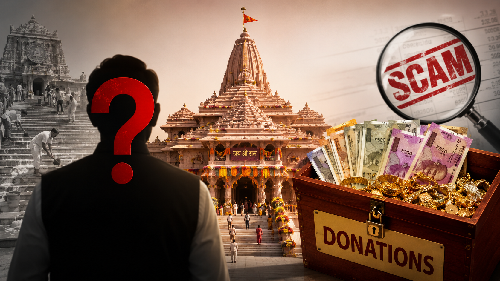 అయోధ్య అవినీతి ఆరోపణల నేపథ్యంలో రామమందిరం, విరాళాల పెట్టె మరియు రాజకీయ చర్చను ప్రతిబింబించే ఫీచర్డ్ ఇమేజ్